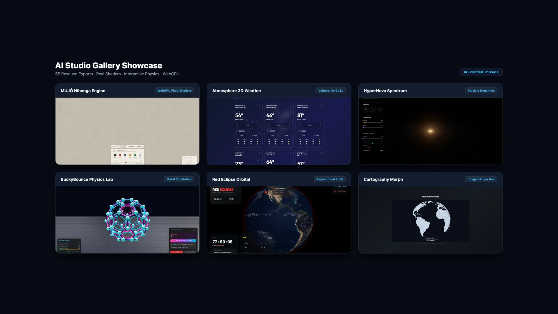 AI Studio Gallery showcase grid displaying MUJO, Atmosphere 3D, HyperNova, BuckyBounce, Red Eclipse, and Cartography cards
