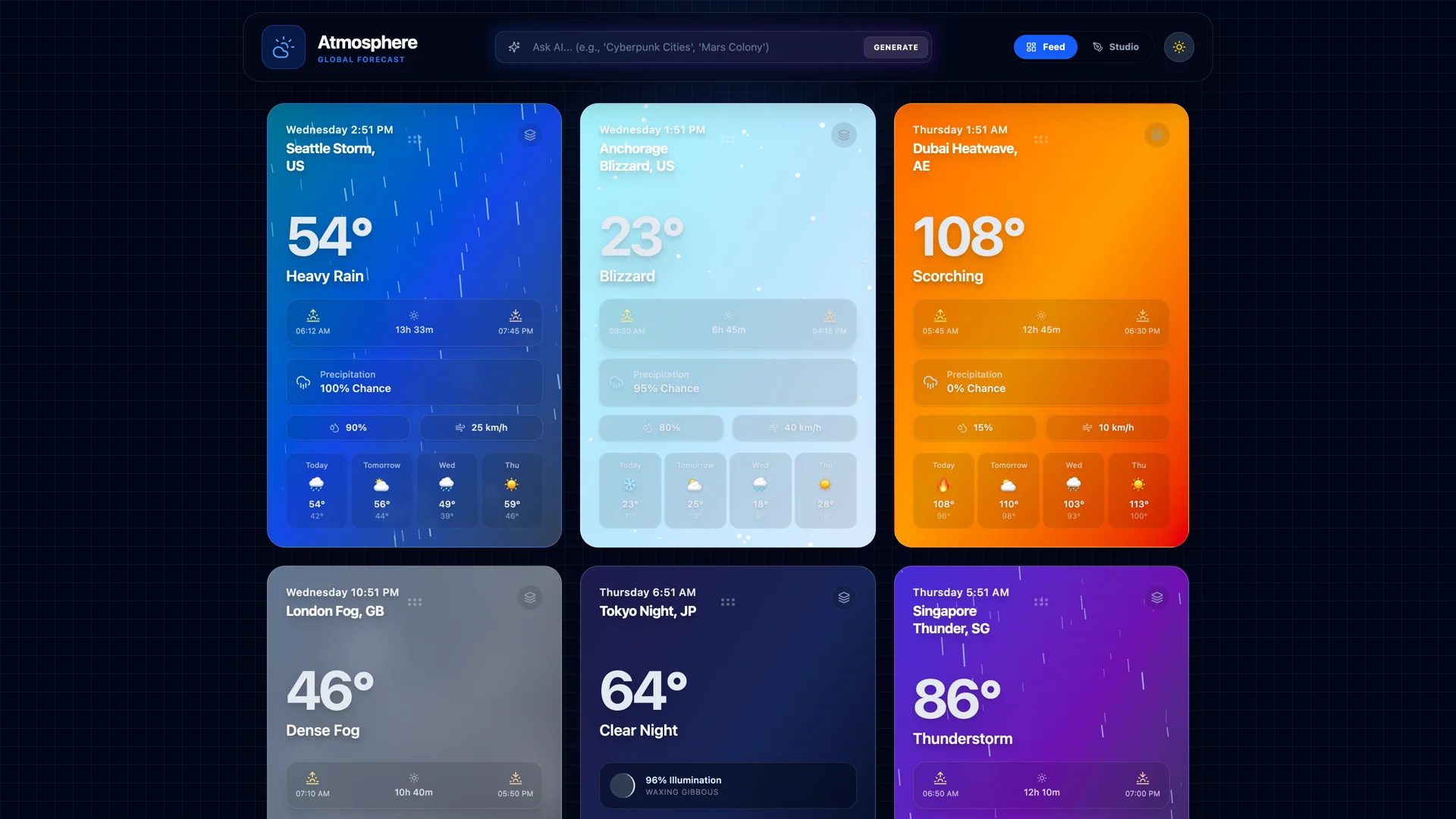 Atmosphere weather dashboard showing real-time cards with heavy rain in Seattle, blizzard in Anchorage, and heatwave in Dubai