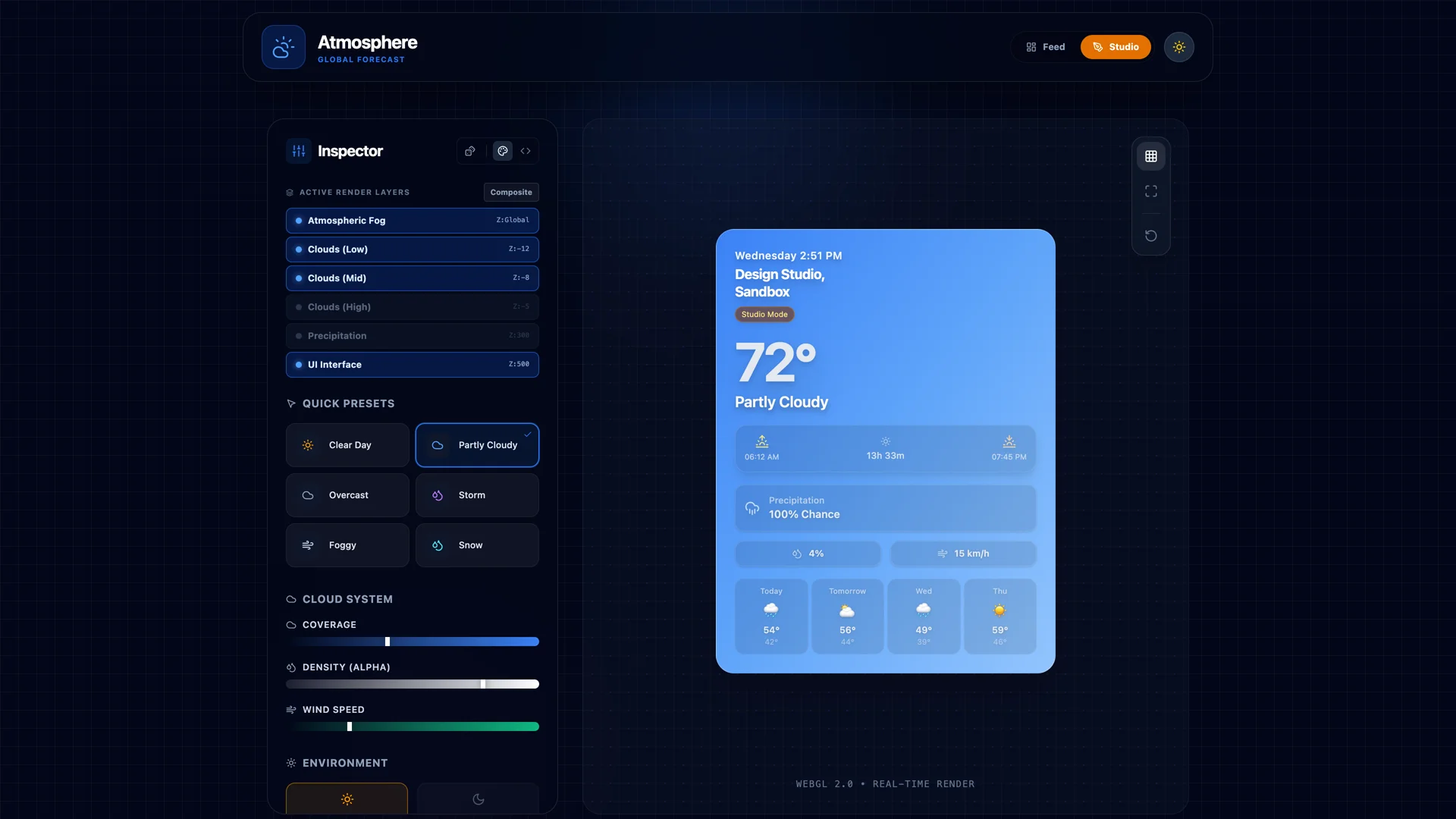 Inspector studio mode displaying active render layers, coverage, density, and environment controls