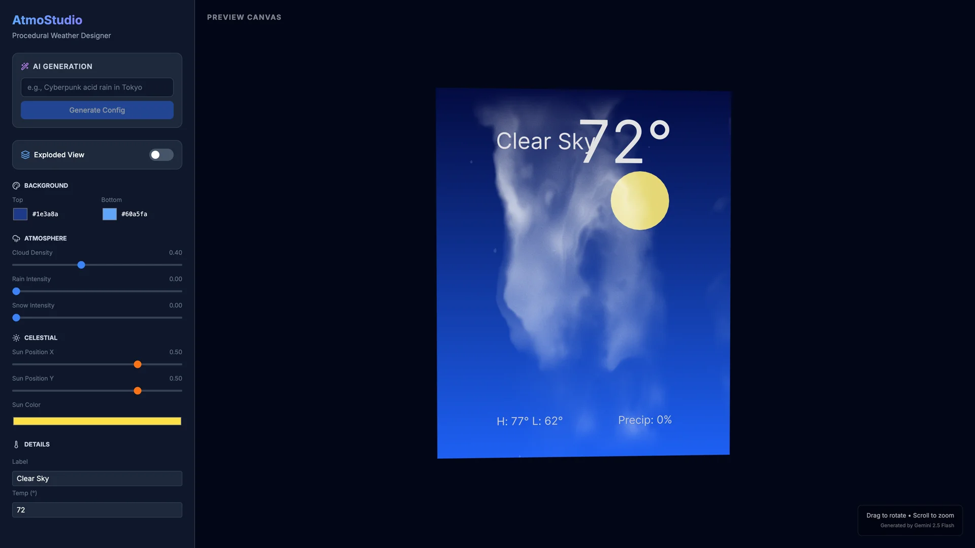 AtmoStudio 3D procedural weather designer with sidebar parameter sliders and GLSL cloud shader canvas