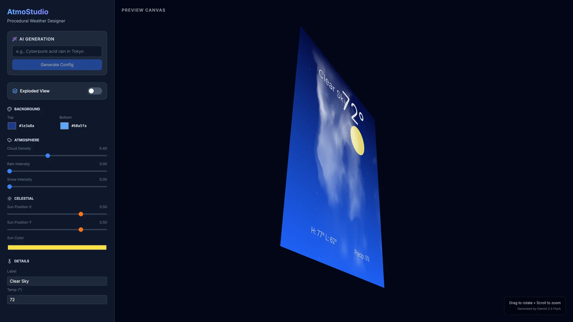 Exploded 3D view separating sky gradient, celestial sun, volumetric clouds, precipitation, and typography