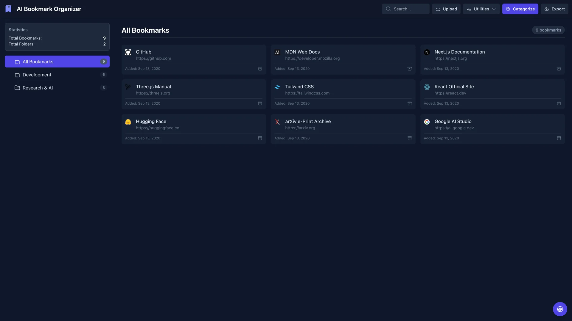 Bookmark organizer showing a Development folder with 8 bookmarks, folder tree sidebar, and statistics panel