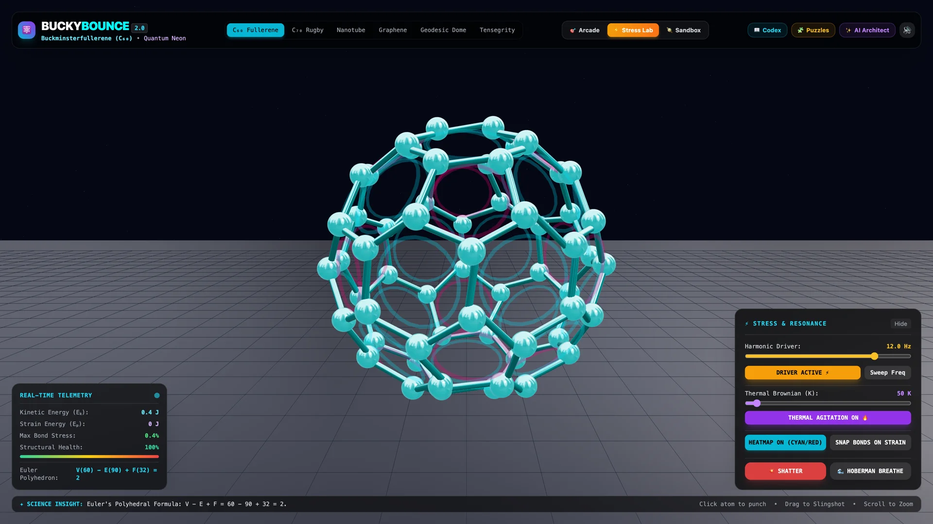 Stress Lab mode with harmonic driver, thermal controls, and strain heatmap