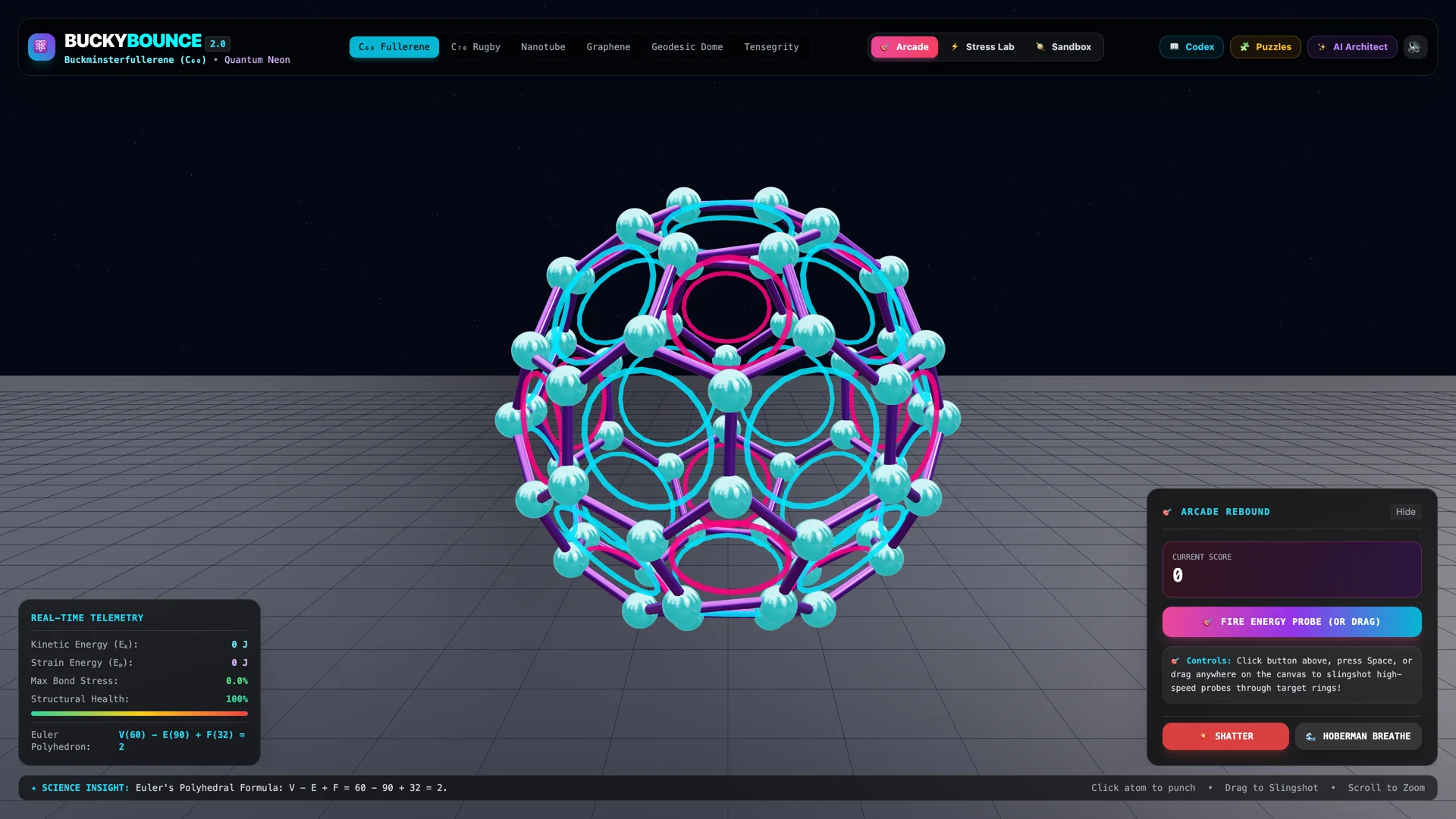 C₆₀ Buckminsterfullerene in Arcade mode with cyan atoms, magenta bonds, neon holographic rings, real-time telemetry panel showing Euler formula V(60)−E(90)+F(32)=2, and Arcade Rebound scoring panel
