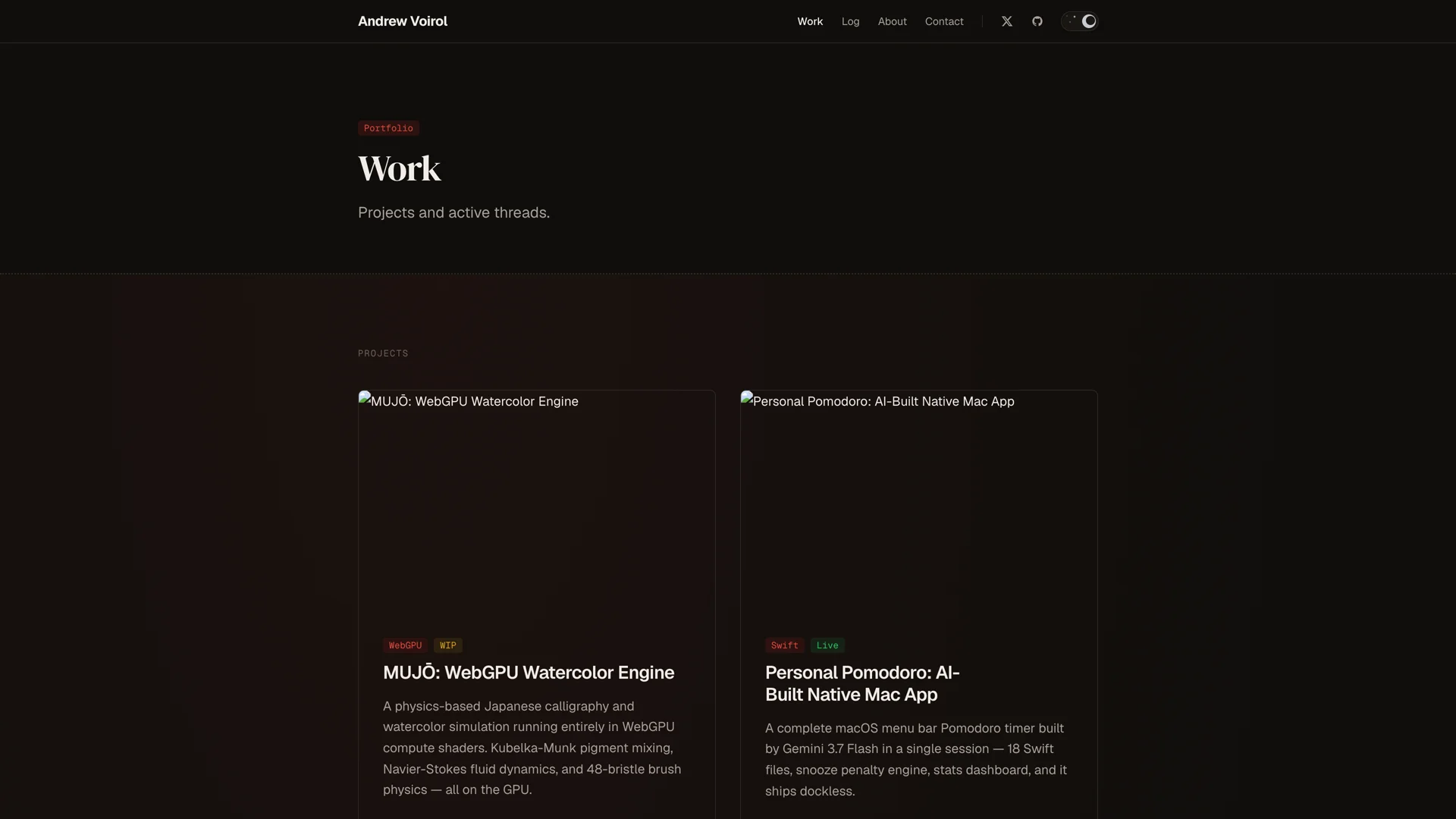 Work archive page showcasing filterable projects and proof-of-work case studies