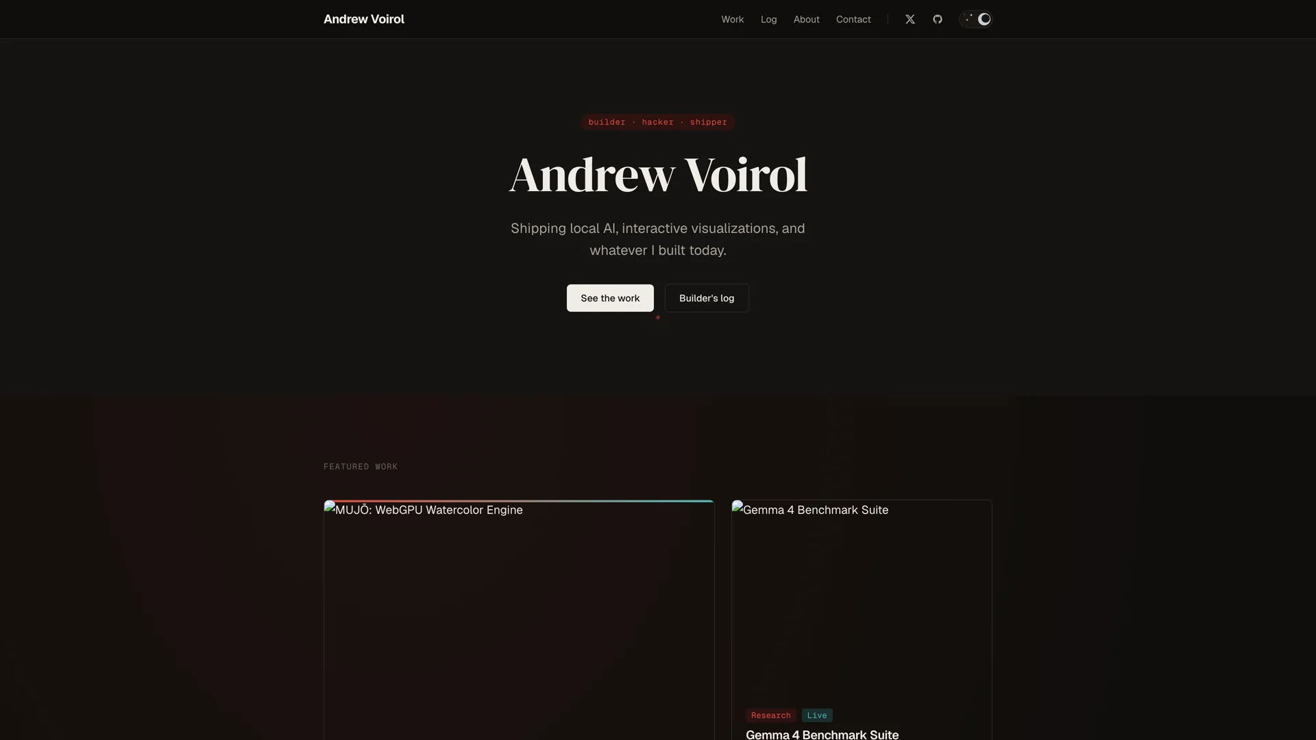 andrewvoirol.com homepage editorial layout in dark mode with typography hero and featured work cards