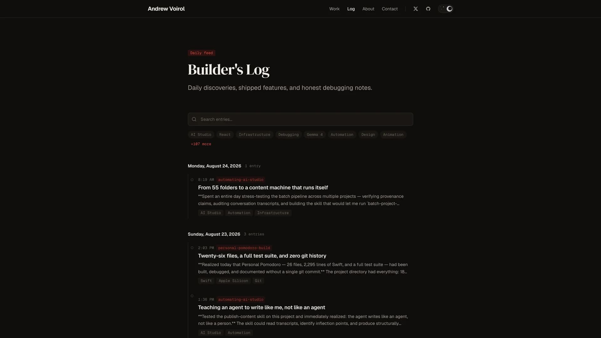 Builder's Log timeline on andrewvoirol.com showing chronological entry stream with tag badges