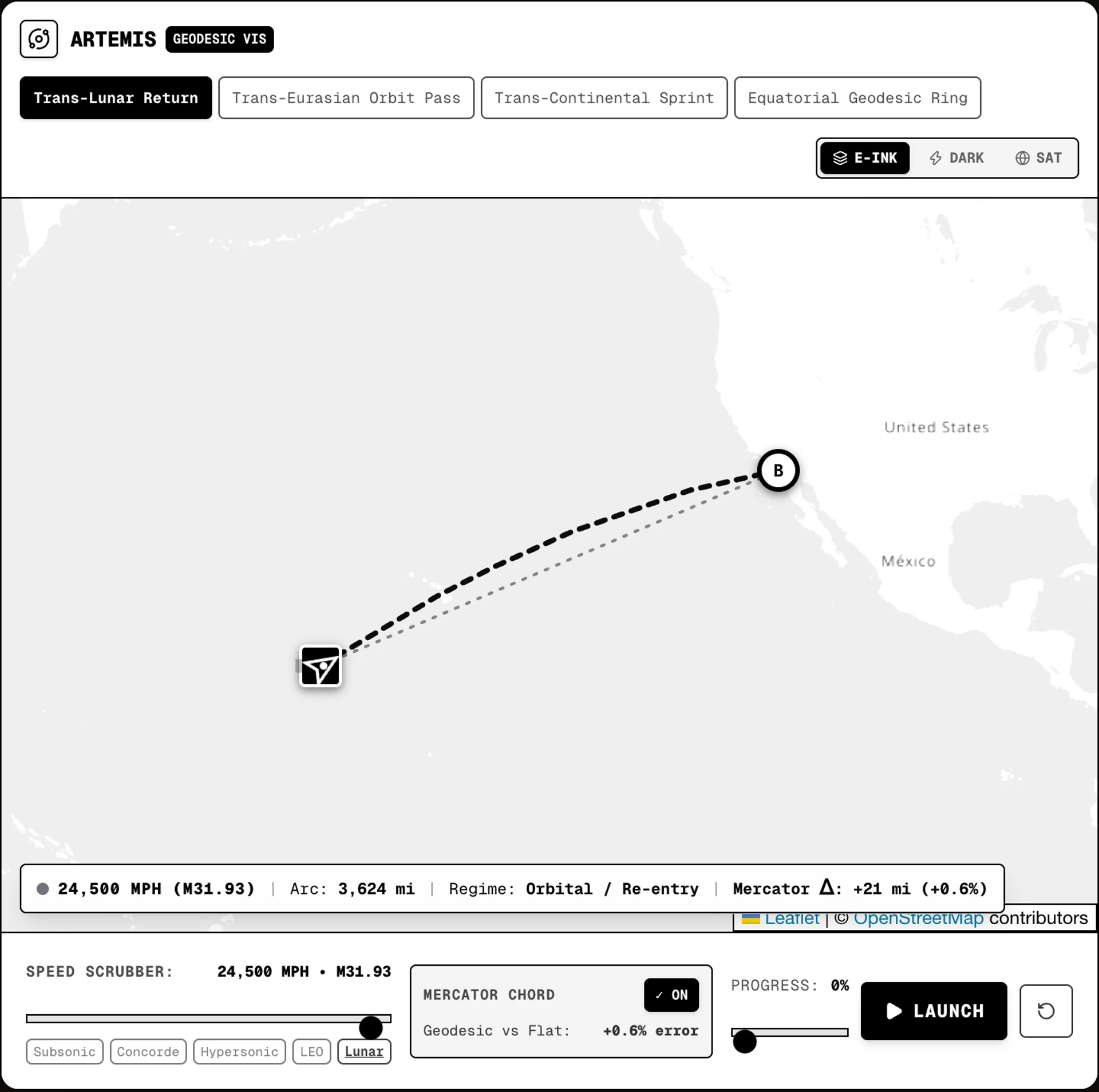 Artemis E-Ink flight simulator showing Trans-Lunar Return at Mach 31.93