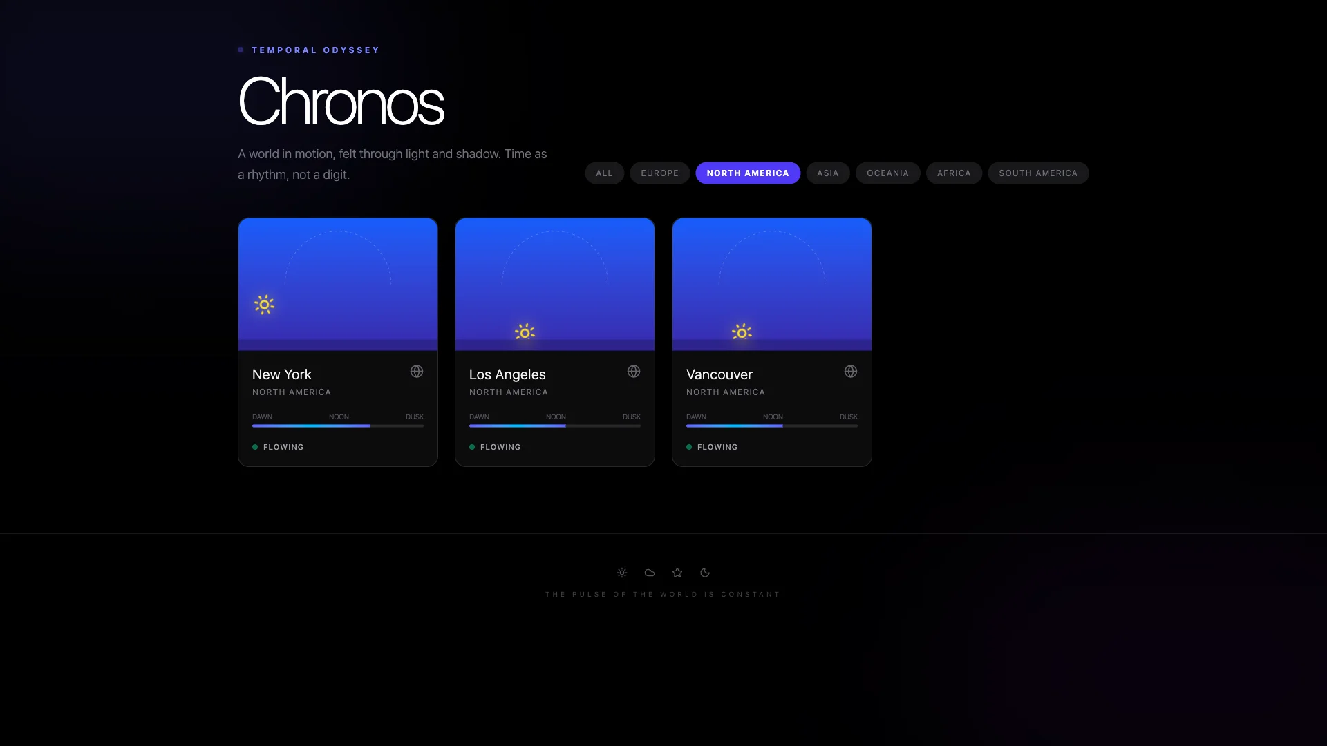 Chronos regional daylight view highlighting North American cities with solar orbital paths and zenith badges