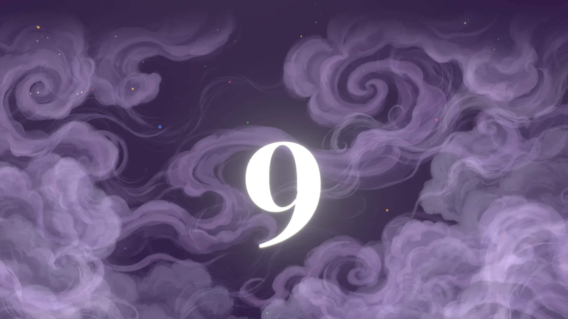 Cloud 9 space entry at 0% scroll — glowing 3D numeral 9 floating among volumetric purple cloud layers and starfield