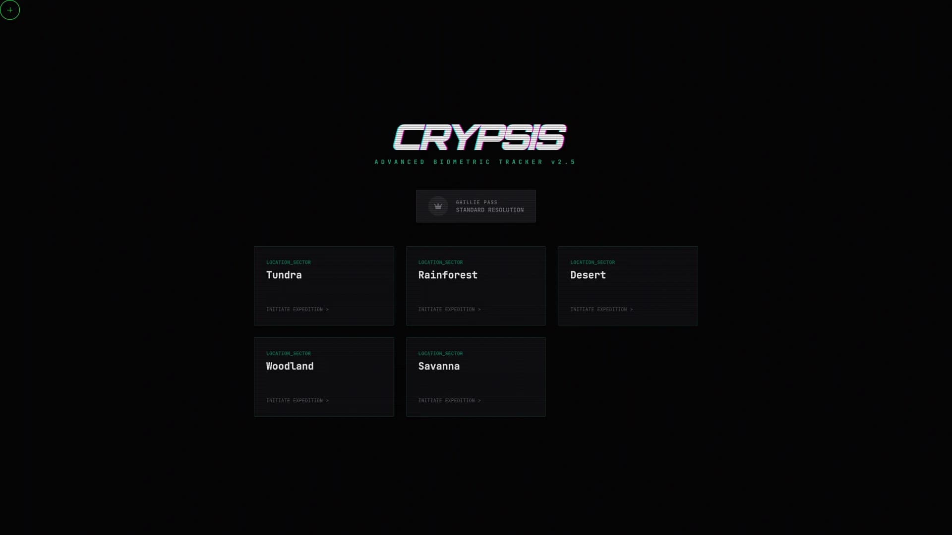 Crypsis landing screen with glitchy title, ADVANCED BIOMETRIC TRACKER subtitle, and five biome sectors — Tundra, Rainforest, Desert, Woodland, Savanna