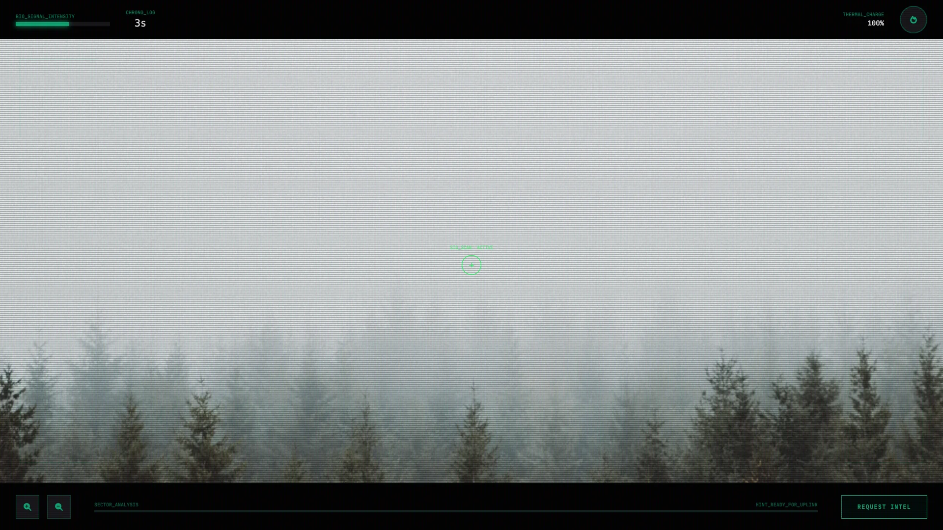 Desert gameplay view with Gemini-generated photorealistic scene, targeting reticle, bio signal intensity bar, and REQUEST INTEL button