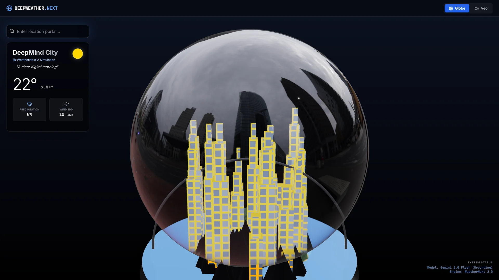 DeepWeather Globe 3D snow globe displaying island terrain, illuminated skyscrapers, and live weather telemetry