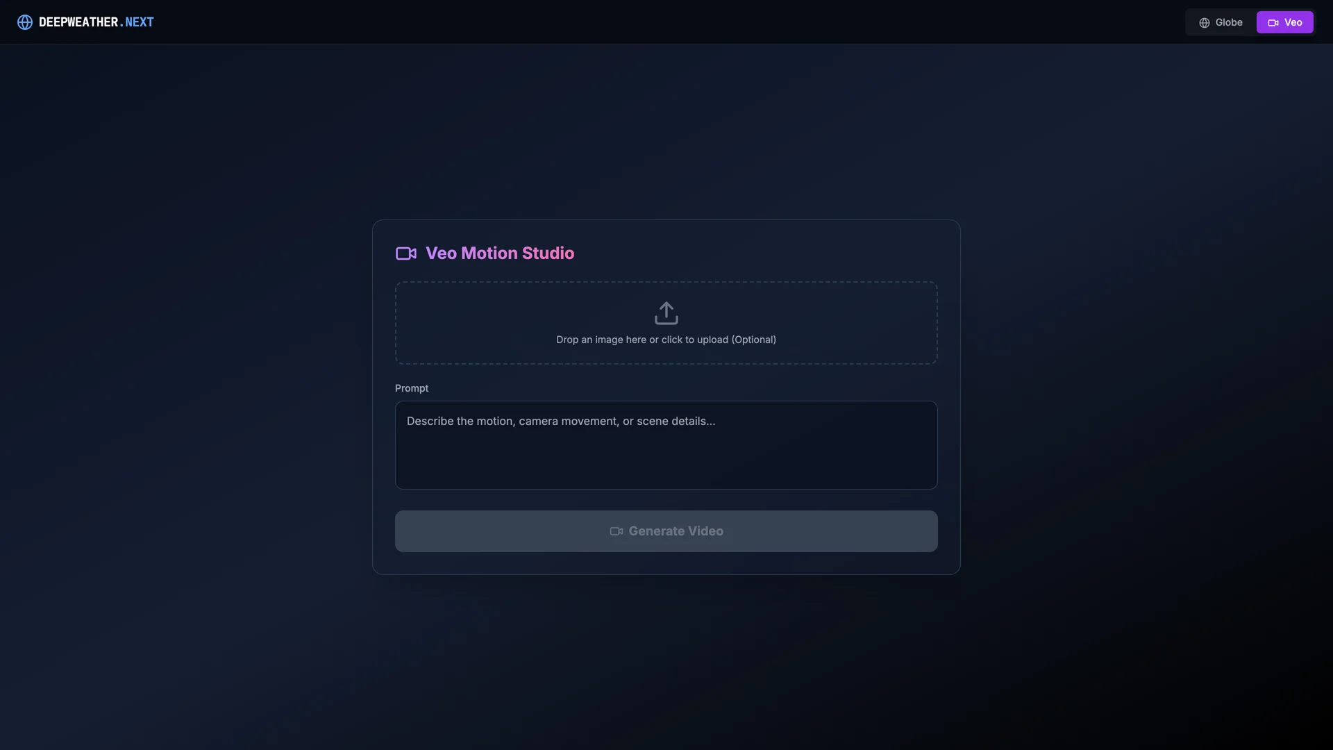 Veo Motion Studio interface with text and image prompt controls for video generation