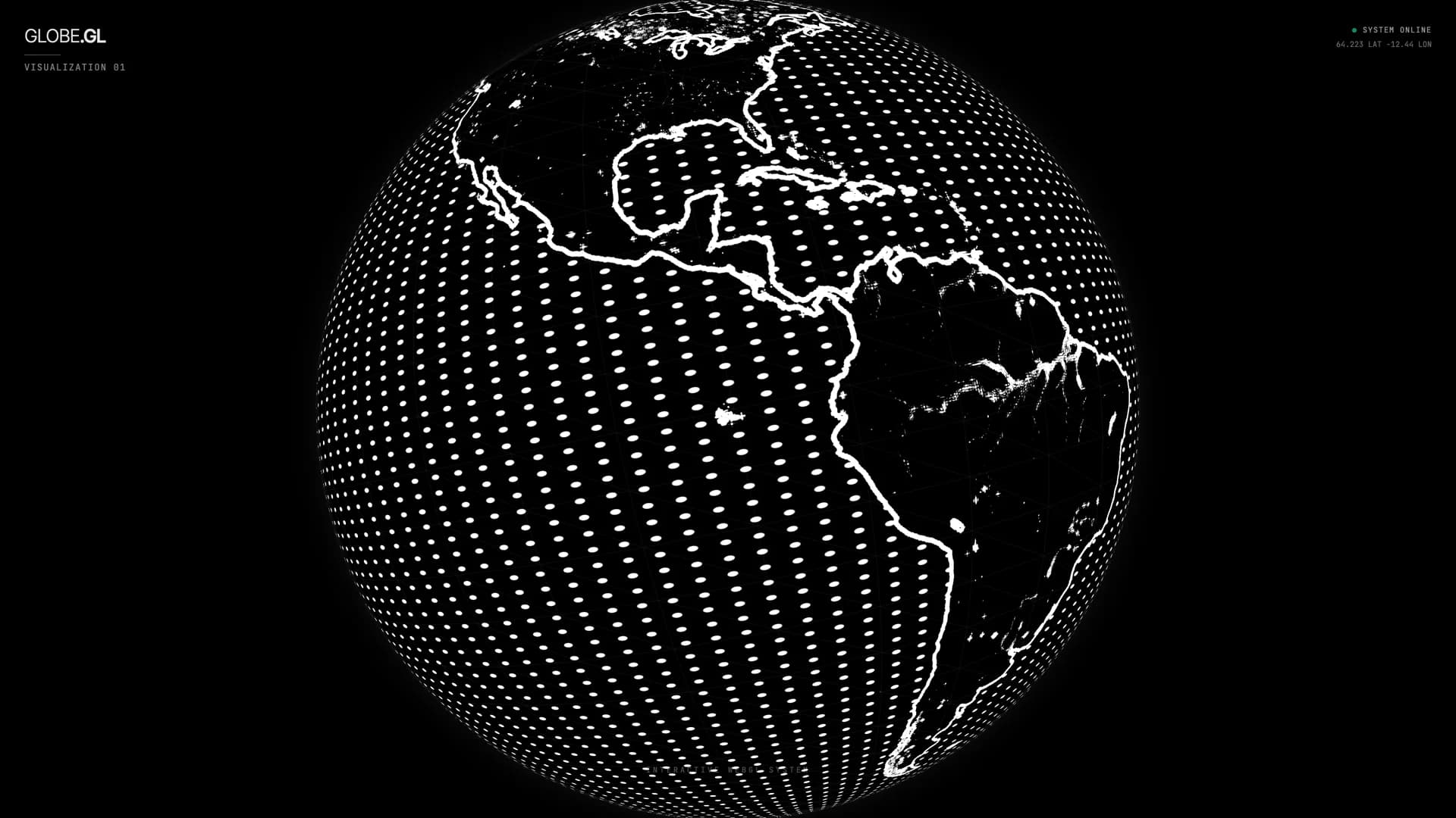 Dot matrix globe in dark mode — crimson land outlines and sonar city markers on a deep black background, showing an orthographic projection of the Pacific view with graticule lines