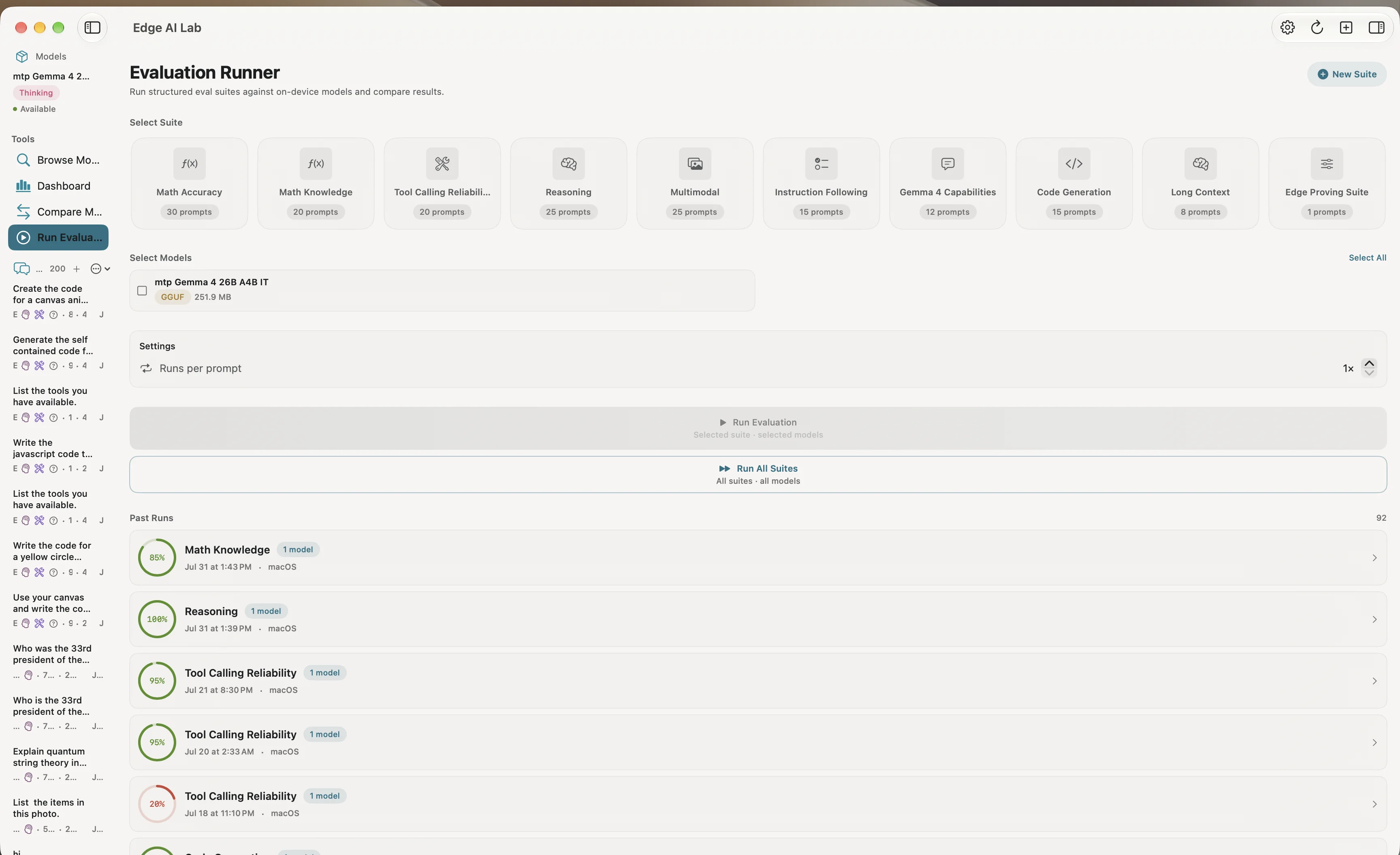 Evaluation Runner with 9 built-in suites including Math, Reasoning, Tool Calling, Code Generation, and Long Context, showing 92 past runs