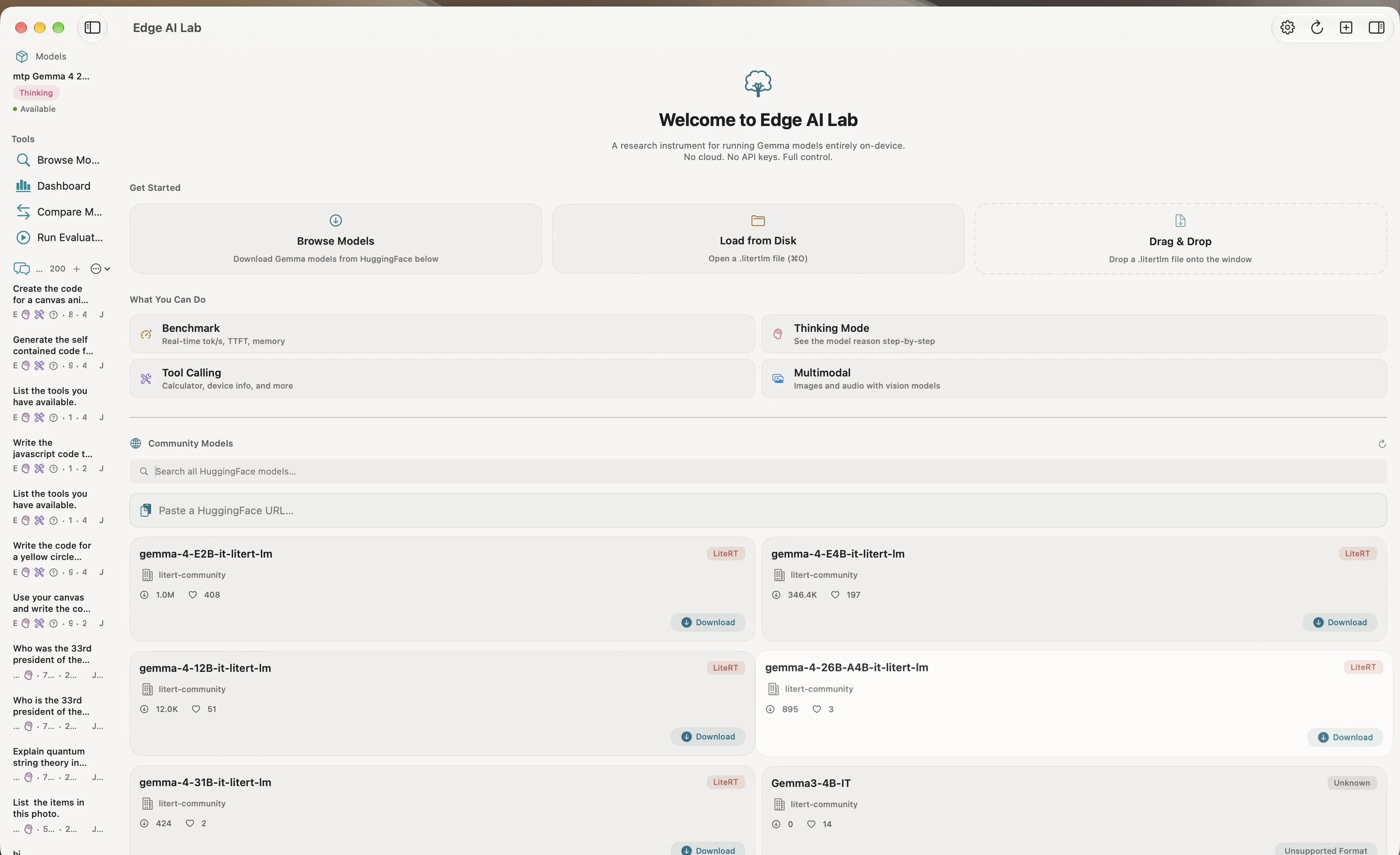 Edge AI Lab welcome screen with model sidebar, 200+ conversations, HuggingFace community model browser, and quick-start actions