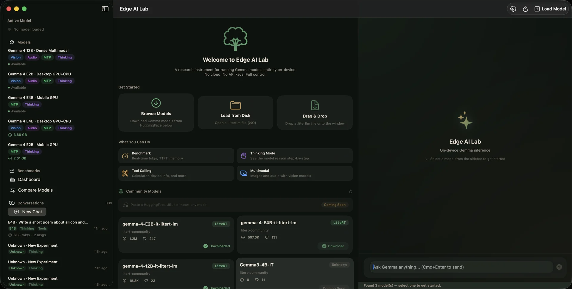Edge AI Lab macOS app welcome screen — sidebar with conversation history, model browser with HuggingFace integration, capability cards for Benchmark, Tool Calling, Thinking Mode, and Multimodal, and a Gemma model gallery with download counts