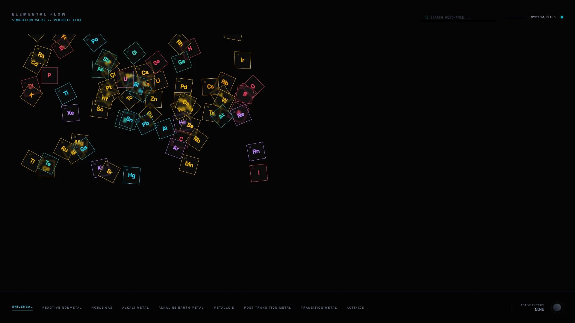The same elements scattered into a floating particle field with cards tumbling in sinusoidal orbits