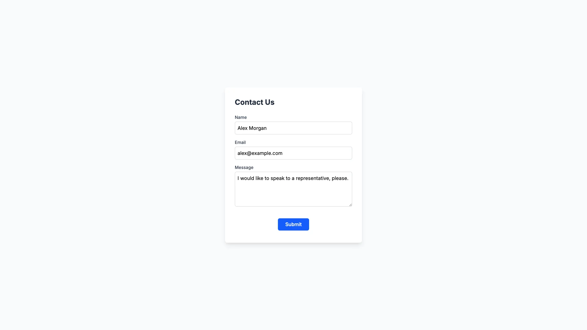 A deliberately corporate contact form with Name, Email, Message fields and a blue Submit button