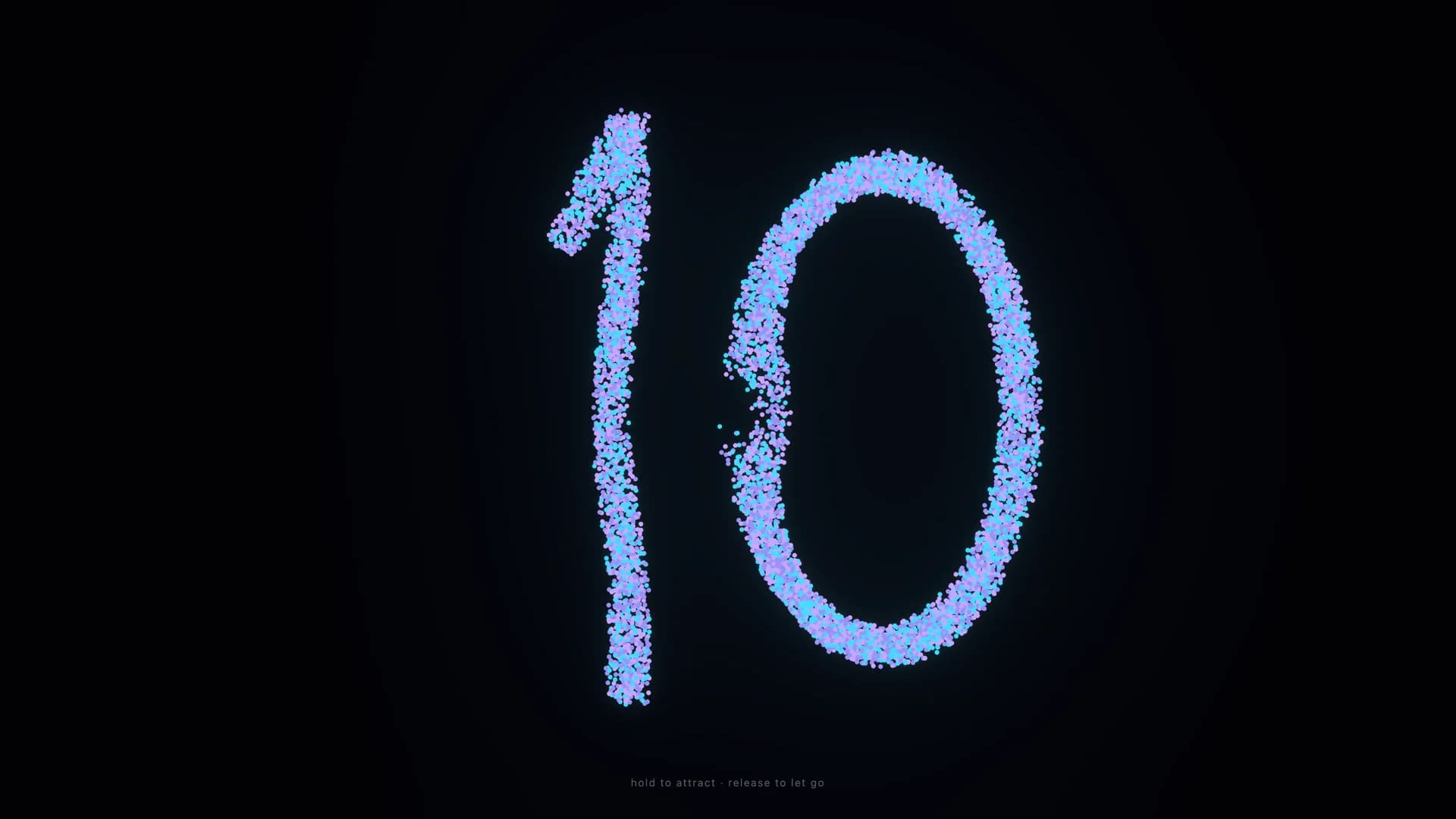Fluid Figures showing 10,000 iridescent violet and cyan particles forming the numeral 10 with interactive attraction physics