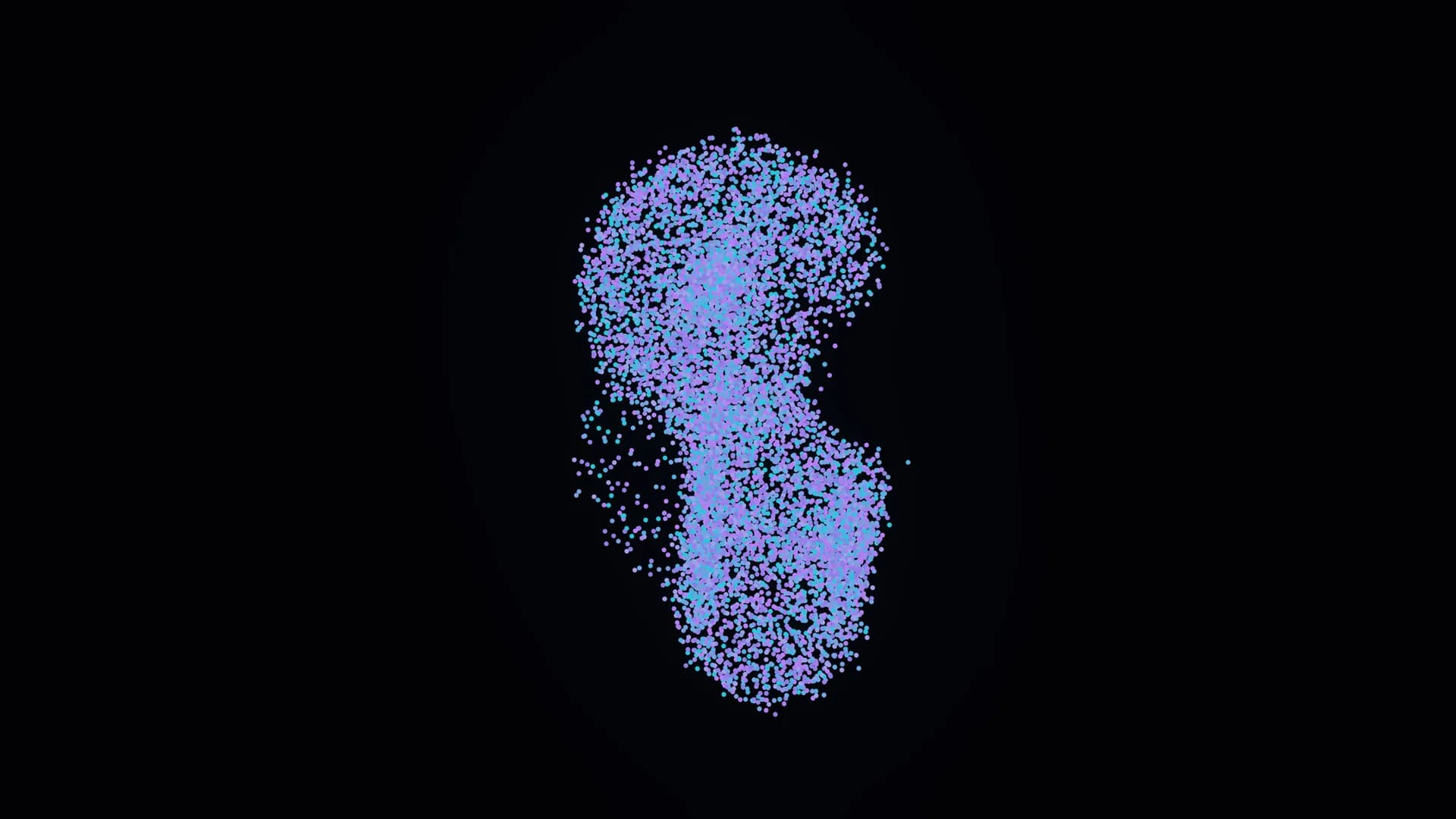 Fluid Figures particle swarm in mid-morph transition with cursor turbulence scattering the particle field