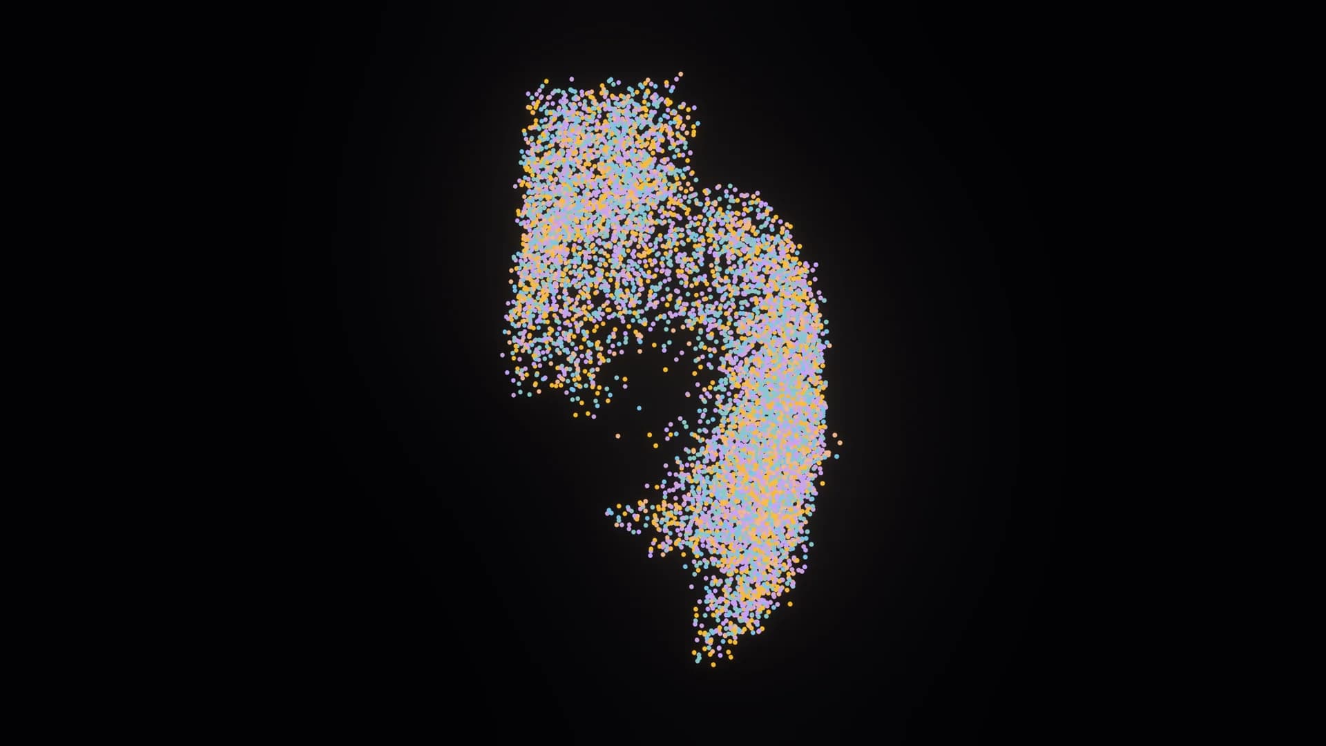 Fluid Figures warm phase showing golden amber particles morphing into the numeral 5