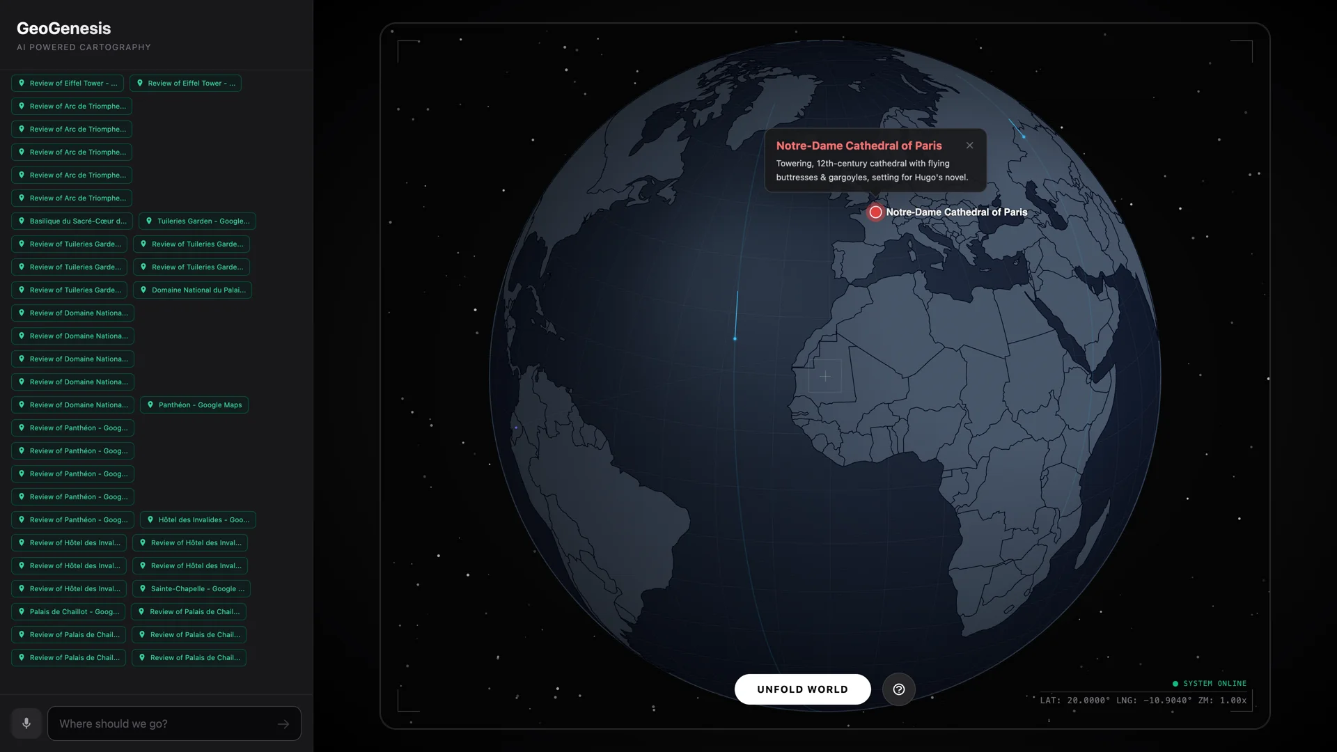 GeoGenesis AI chat response pinning Notre-Dame Cathedral of Paris marker with descriptive popup card and Maps grounding