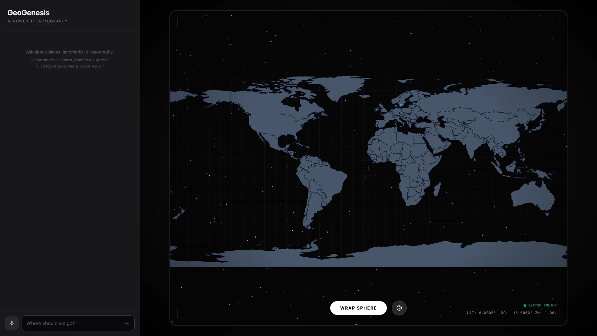 GeoGenesis unfolded equirectangular map — the globe flattened into a world map with coastline silhouettes and twinkling stars