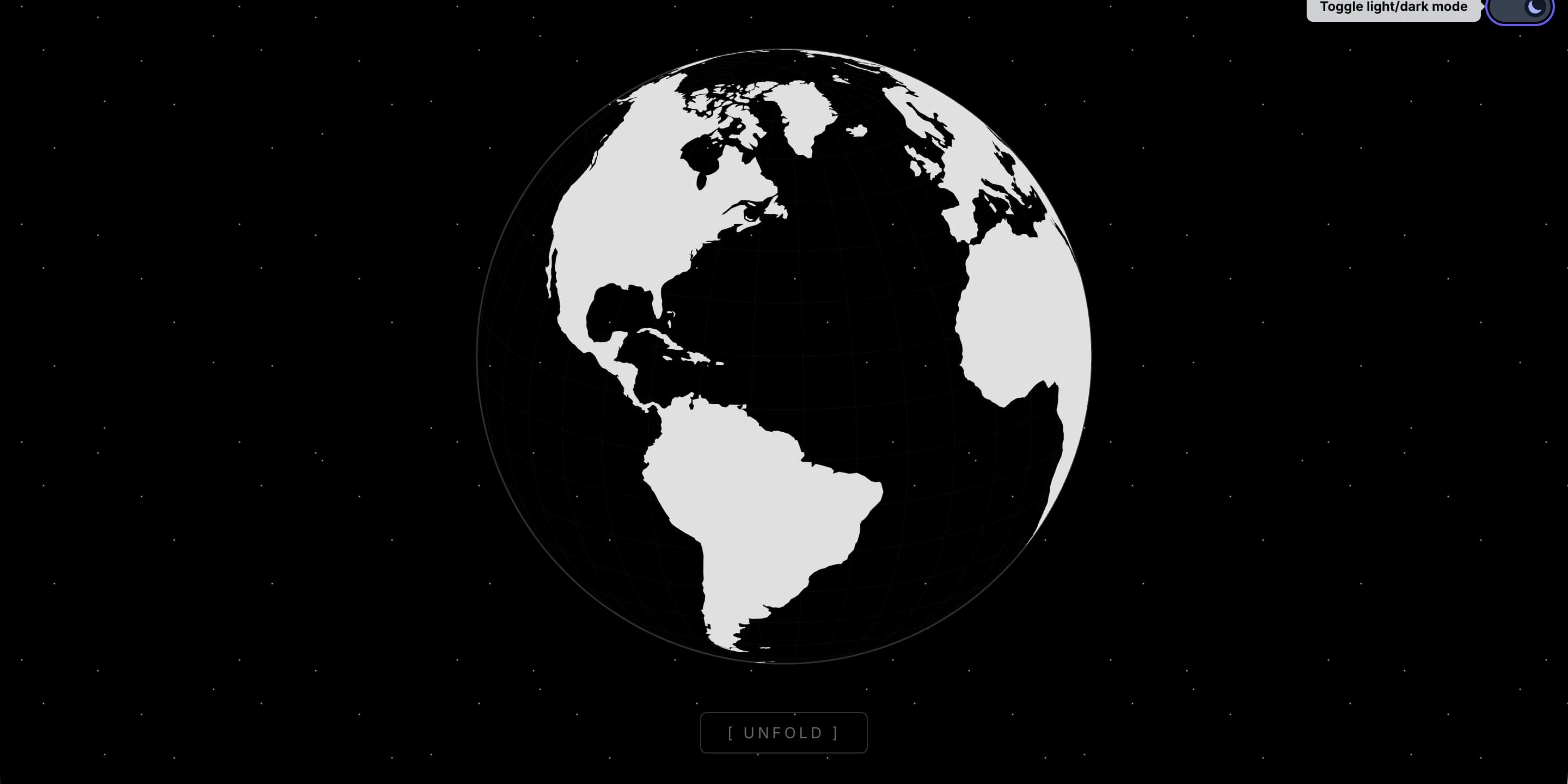 GeoGenesis orthographic globe in dark mode — stark black and white continents with graticule grid, stars behind, and UNFOLD button below