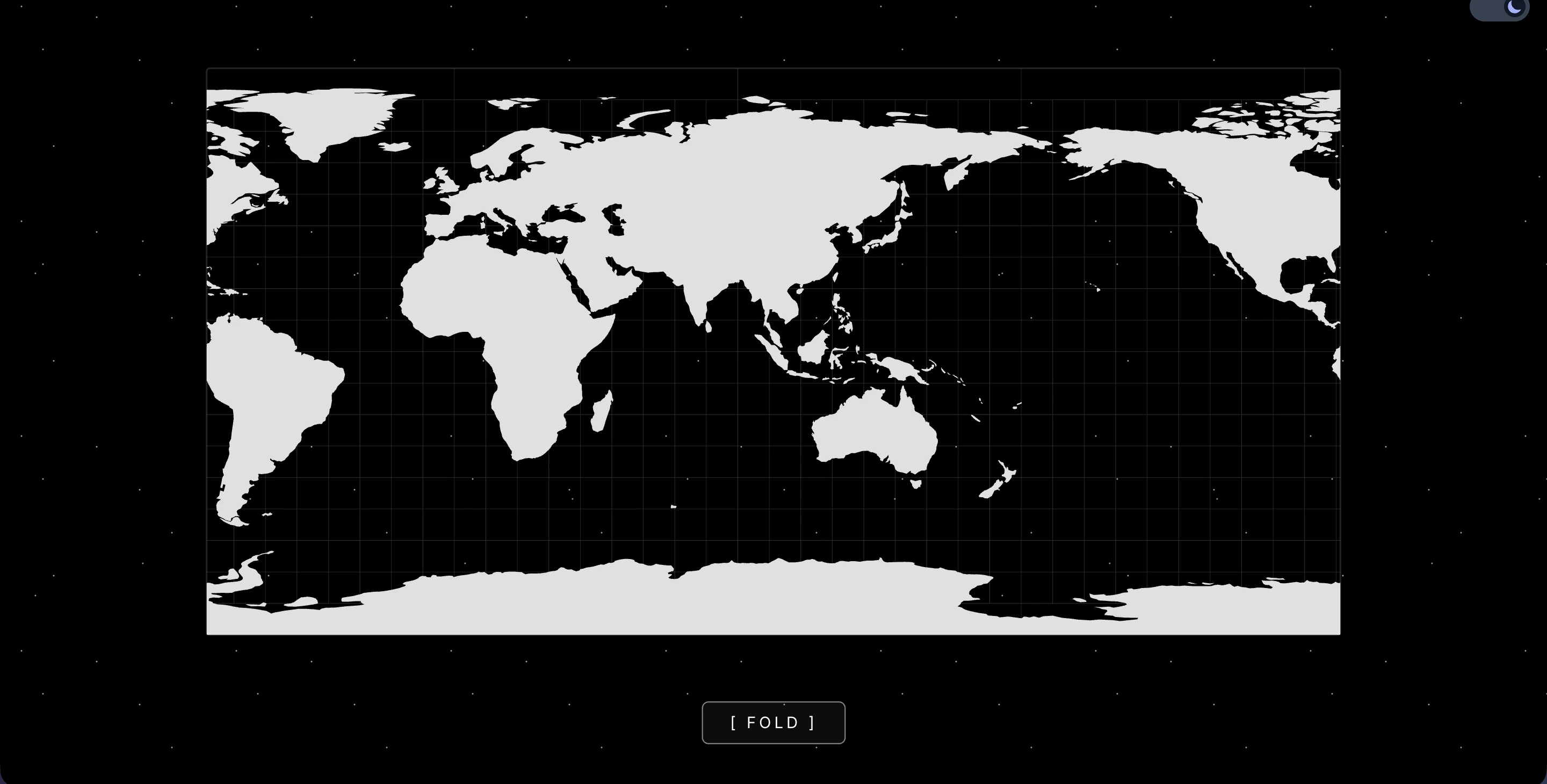 GeoGenesis unfolded equirectangular map — the globe flattened into a world map with coastline silhouettes and twinkling stars