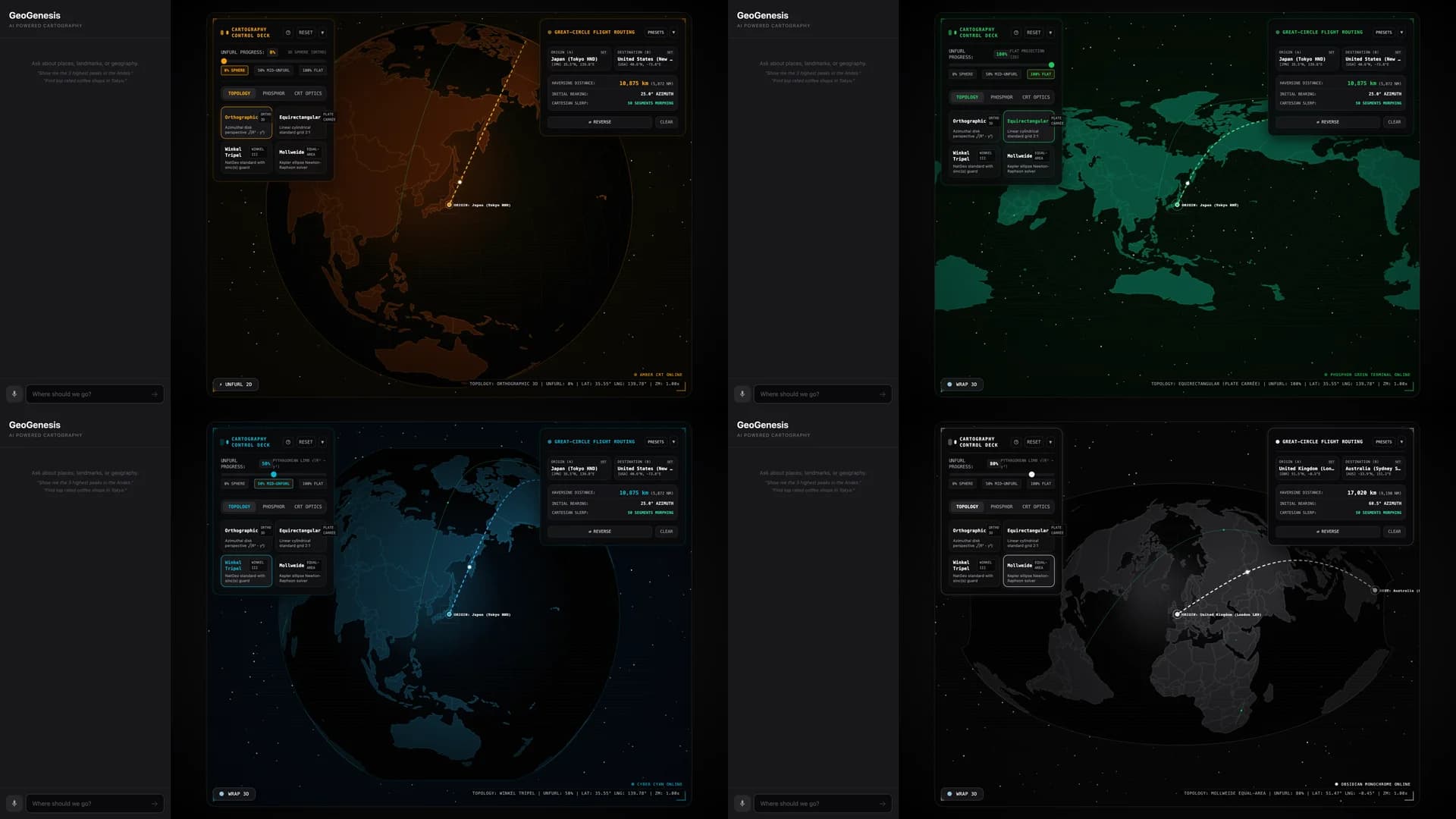 GeoGenesis CRT phosphor theme matrix: Cyber Cyan, Phosphor Green, Amber CRT, and Obsidian Mono