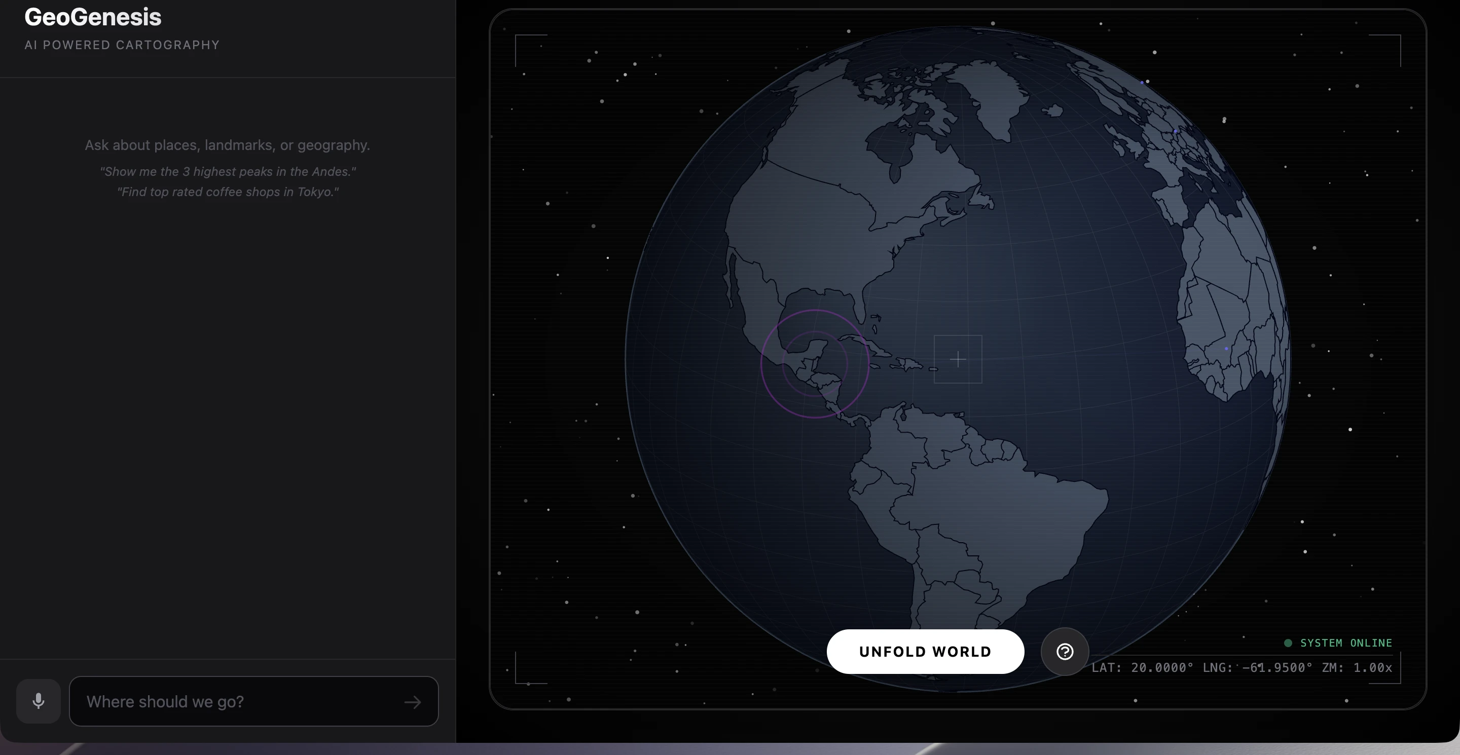 GeoGenesis AI Powered Cartography — atmospheric blue globe with chat sidebar, UNFOLD WORLD button, lat/lng coordinates, and SYSTEM ONLINE indicator