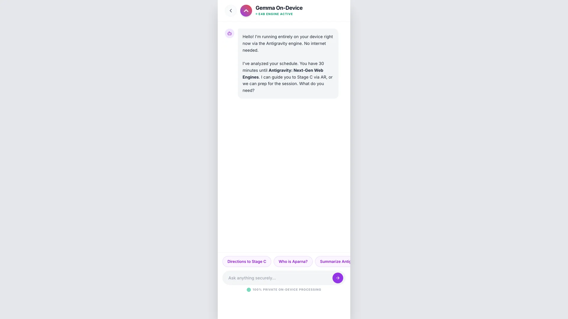 Gemma On-Device AI chat interface showing suggested prompts, schedule reasoning, and on-device badge
