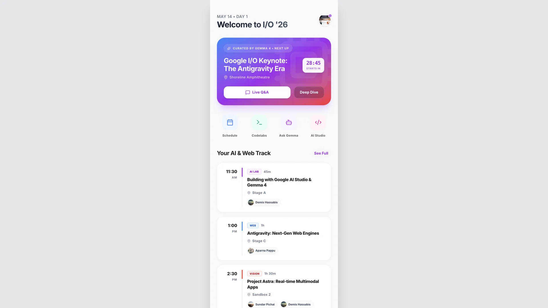 Google I/O 2026 Concierge mobile PWA showing gradient keynote card with countdown timer, quick-action icons, and session schedule with speaker avatars