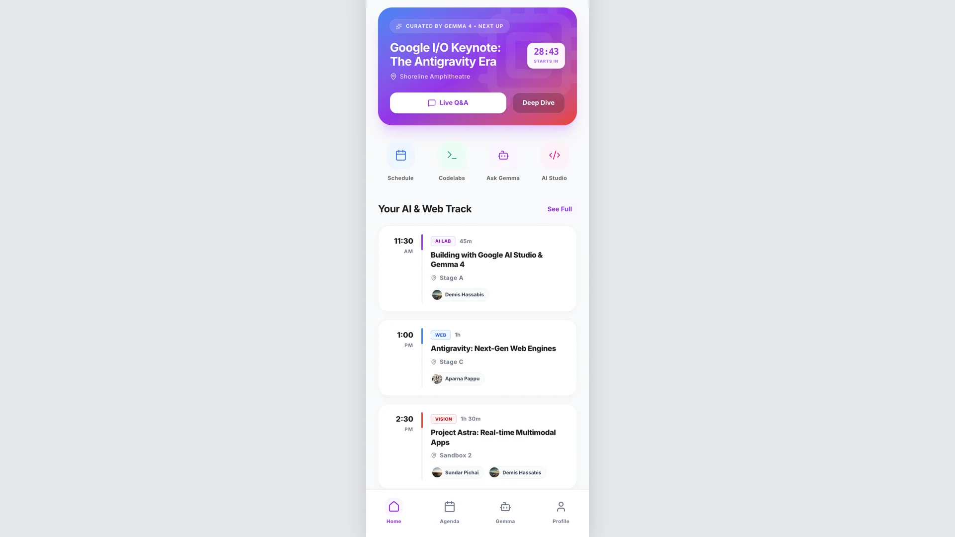 Google I/O Concierge schedule timeline displaying session tracks, speaker profiles, and live status badges