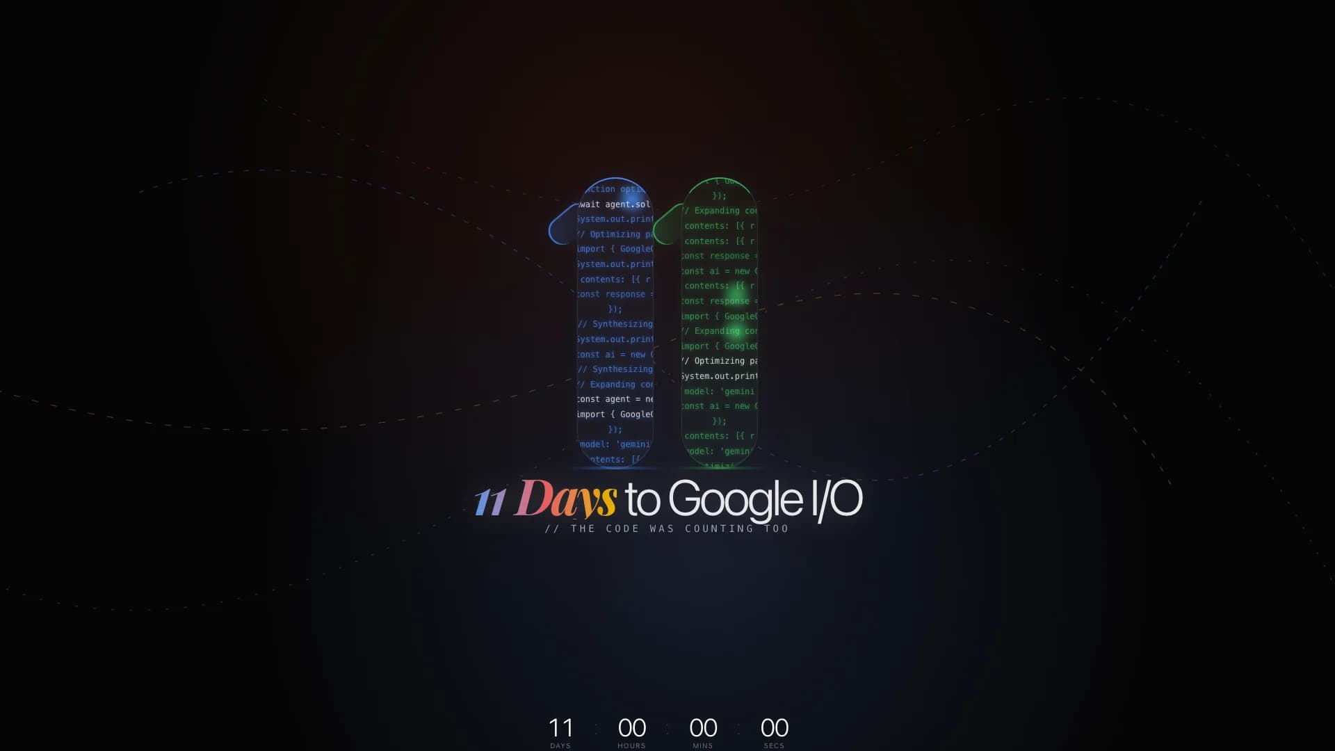 Two glowing code-waterfall pillars forming the number 11 with cascading code text, a plasma background, and 11 Days to Google I/O heading