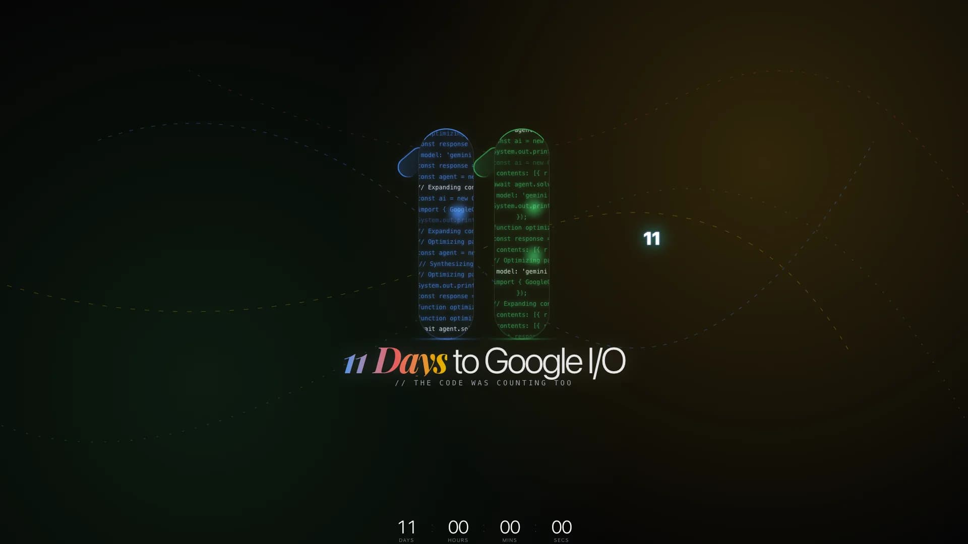 Close-up of the code waterfall pillars with different code scroll position and green-blue glow accents