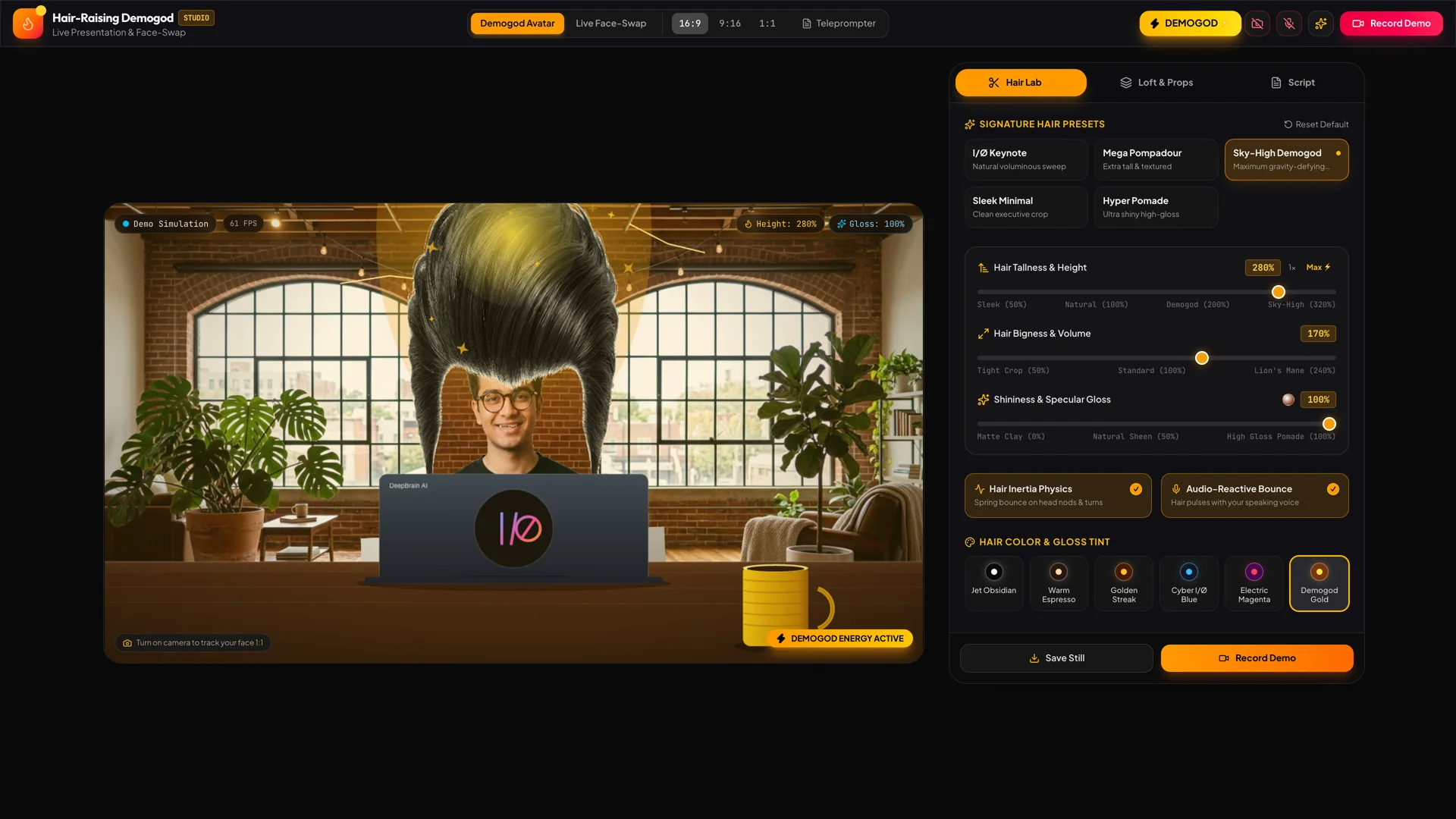 DemoGod Power Mode activated — hair cranked to 220% height, 140% volume, 100% gloss in Demogod Gold with DEMOGOD ENERGY ACTIVE badge