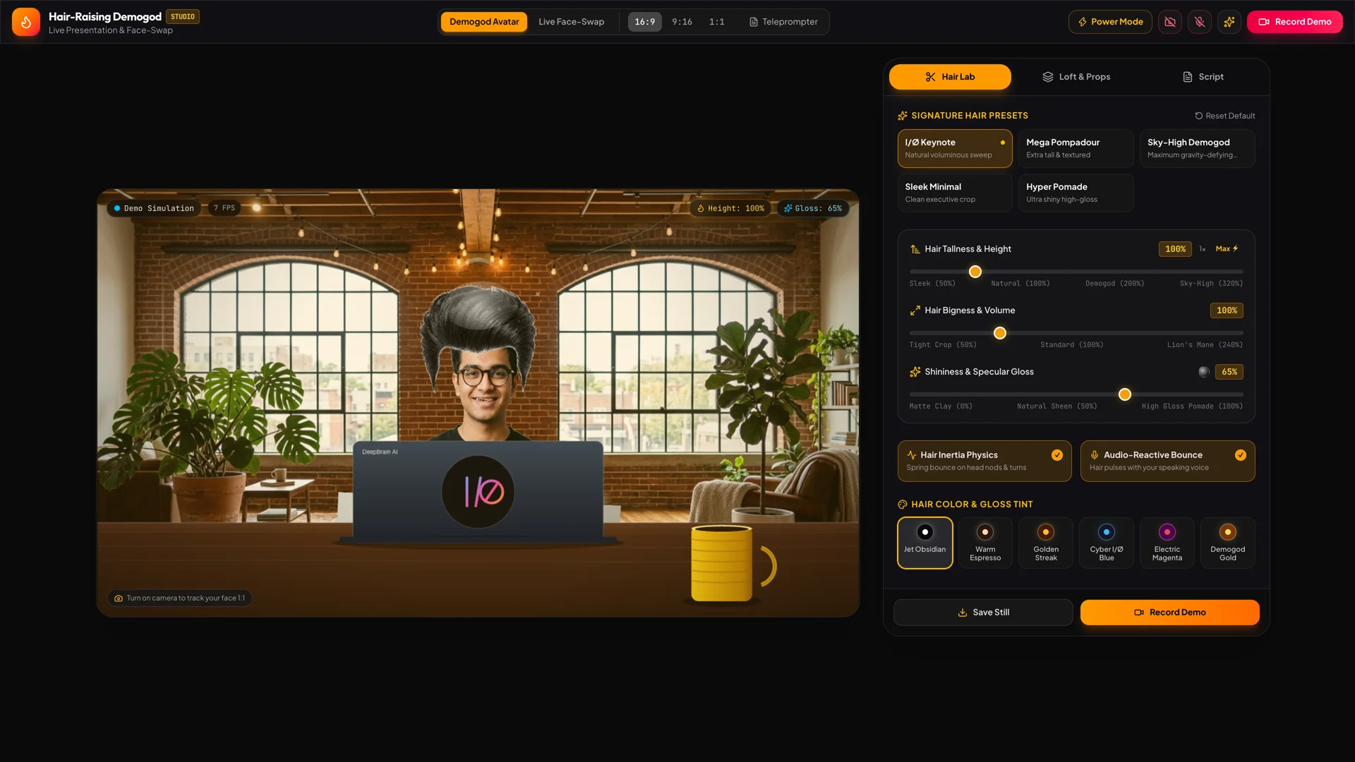 DemoGod Studio default state — Brooklyn loft viewport with Demogod avatar, Hair Lab controls showing presets, tallness/volume/gloss sliders, color palette