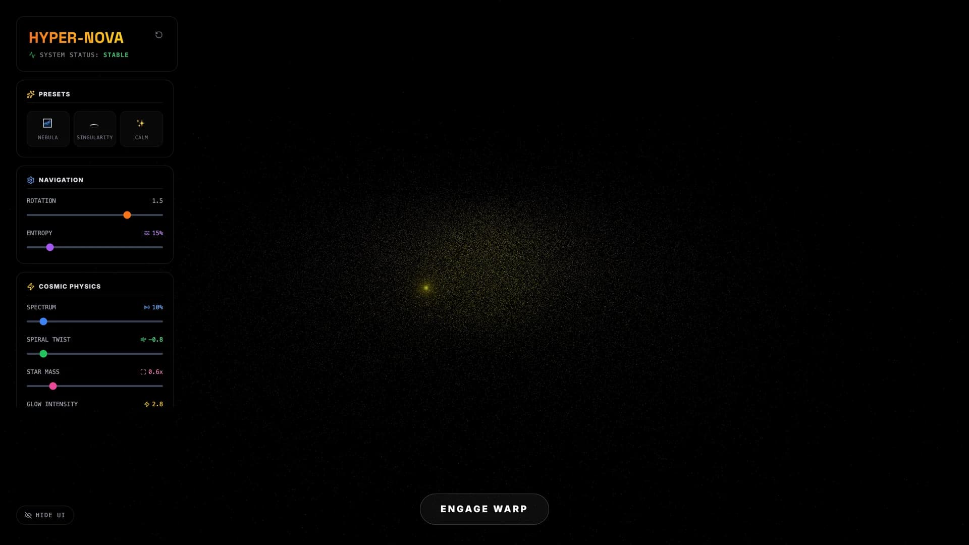 Hyper Nova Singularity preset showing spiral twist compression and gravitational lensing toward the singularity core