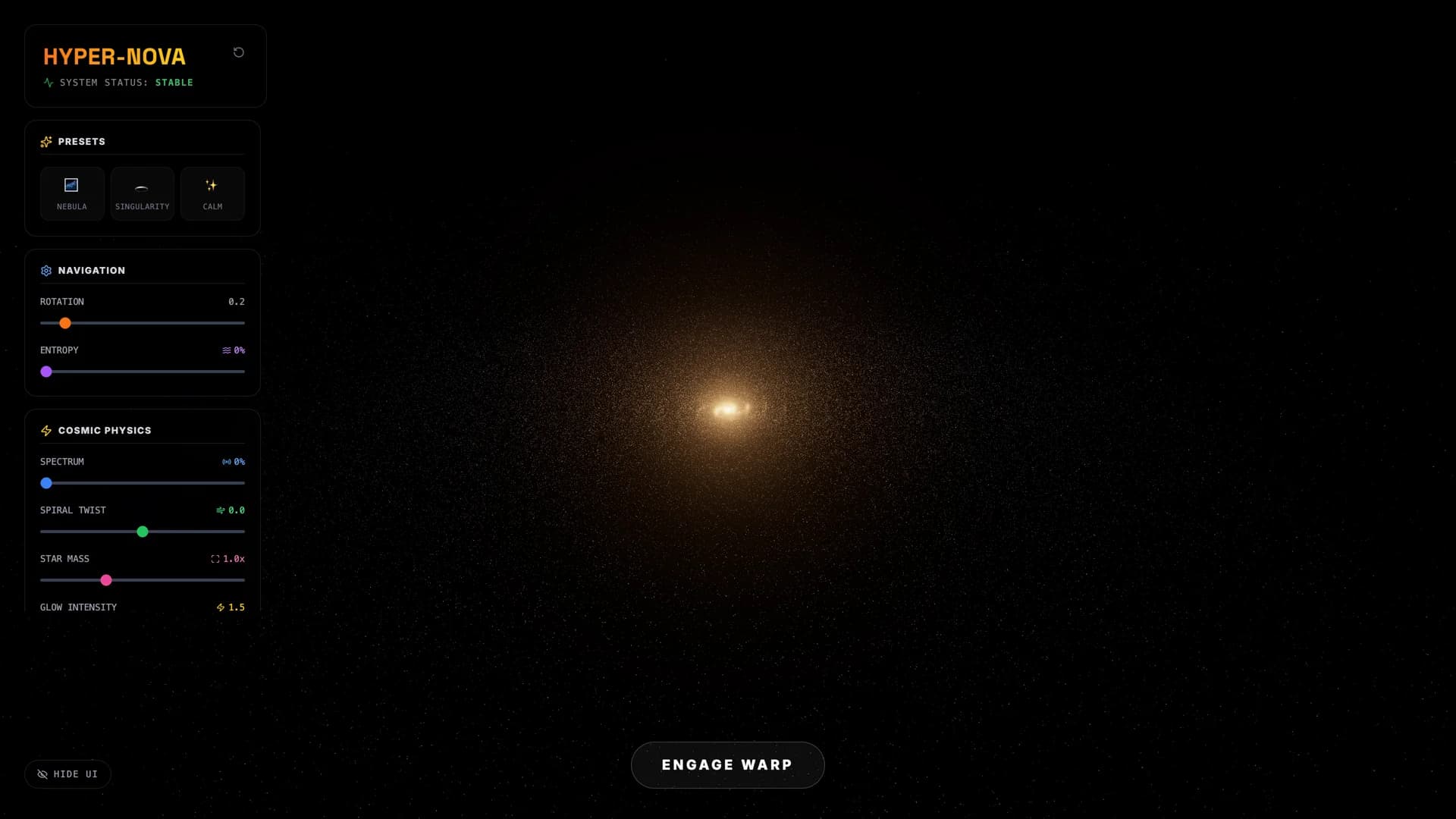 Hyper Nova Spectrum Calm preset showing 100,000 particles in golden spiral galactic core with navigation and cosmic physics HUD controls