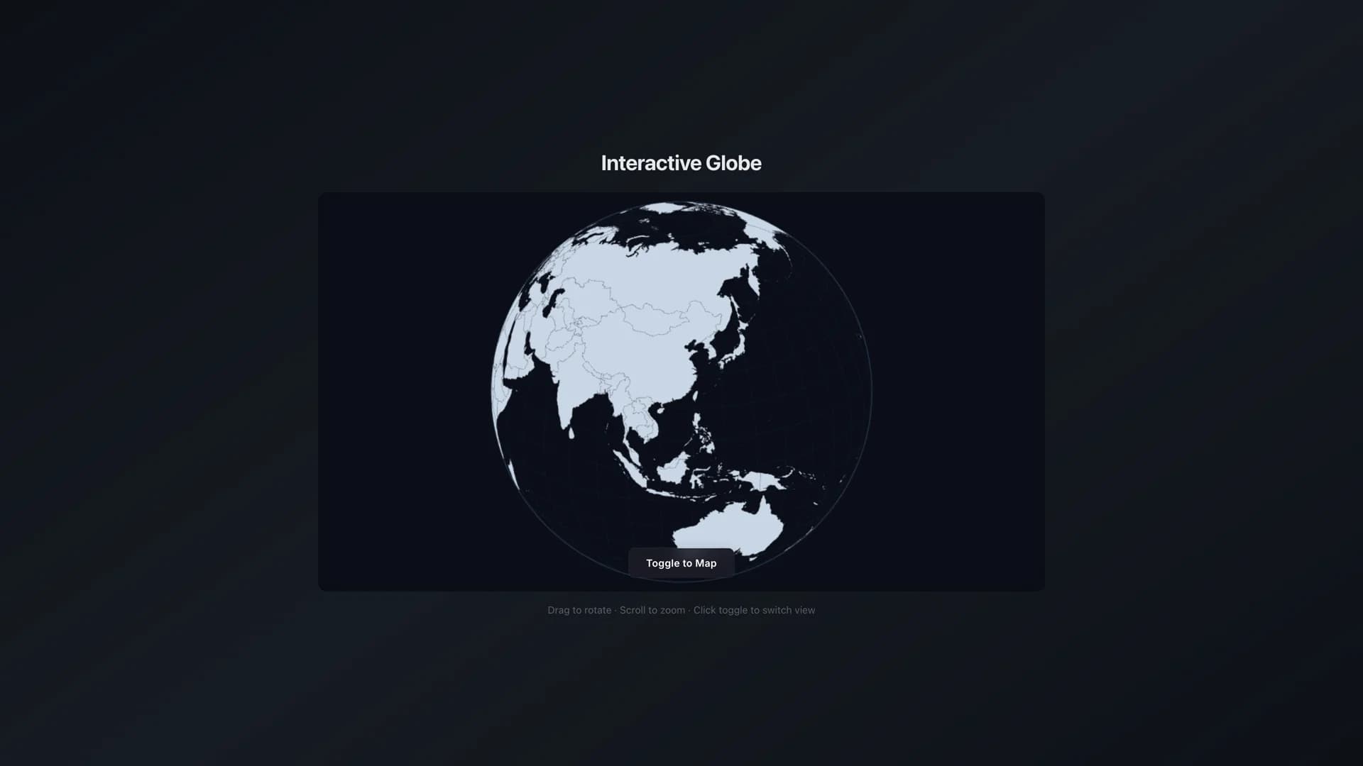 Interactive Globe rotated via mouse drag showing Asia-Pacific in crisp silhouette