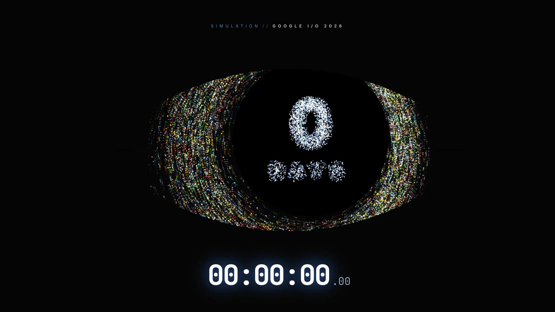 12,500-particle eye in feral mode at 00:00:00 — Google-colored iris ring, dilated pupil with swarming '0 DAYS' text, neon digital clock