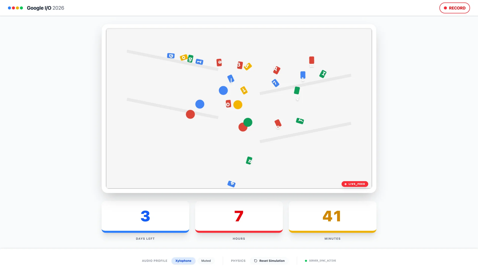 Matter.js 2D physics sandbox with Google-colored characters tumbling down slanted platforms and bouncing off colored pegs