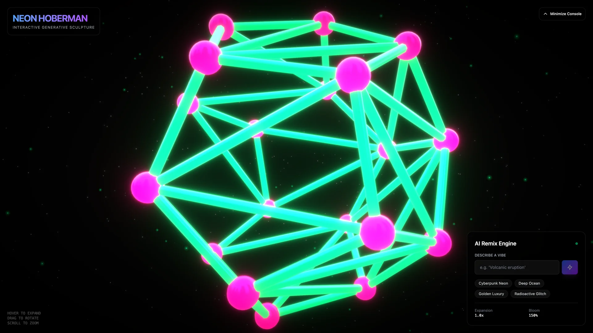 Interactive node burst and kinetic expansion responding to cursor hover with minimized console
