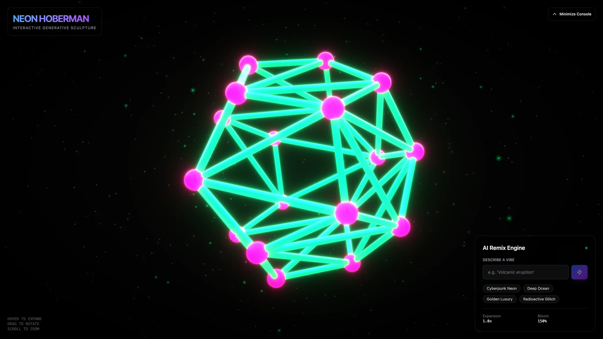 Neon Hoberman generative sculpture showing expanded cyan and magenta geometric struts with bloom and AI Remix console