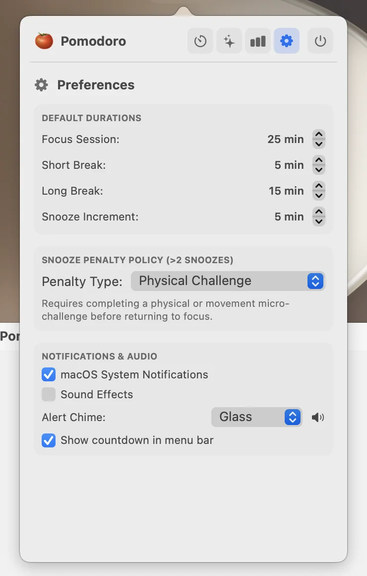 Settings panel with duration steppers, penalty policy picker, and notification toggles