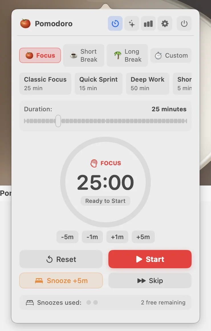 Personal Pomodoro timer at 25:00 with Focus mode, preset options, and Ready to Start badge
