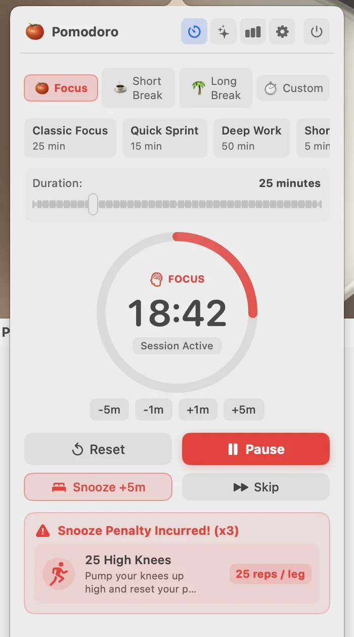 Snooze penalty incurred showing 25 High Knees physical challenge with red warning banner